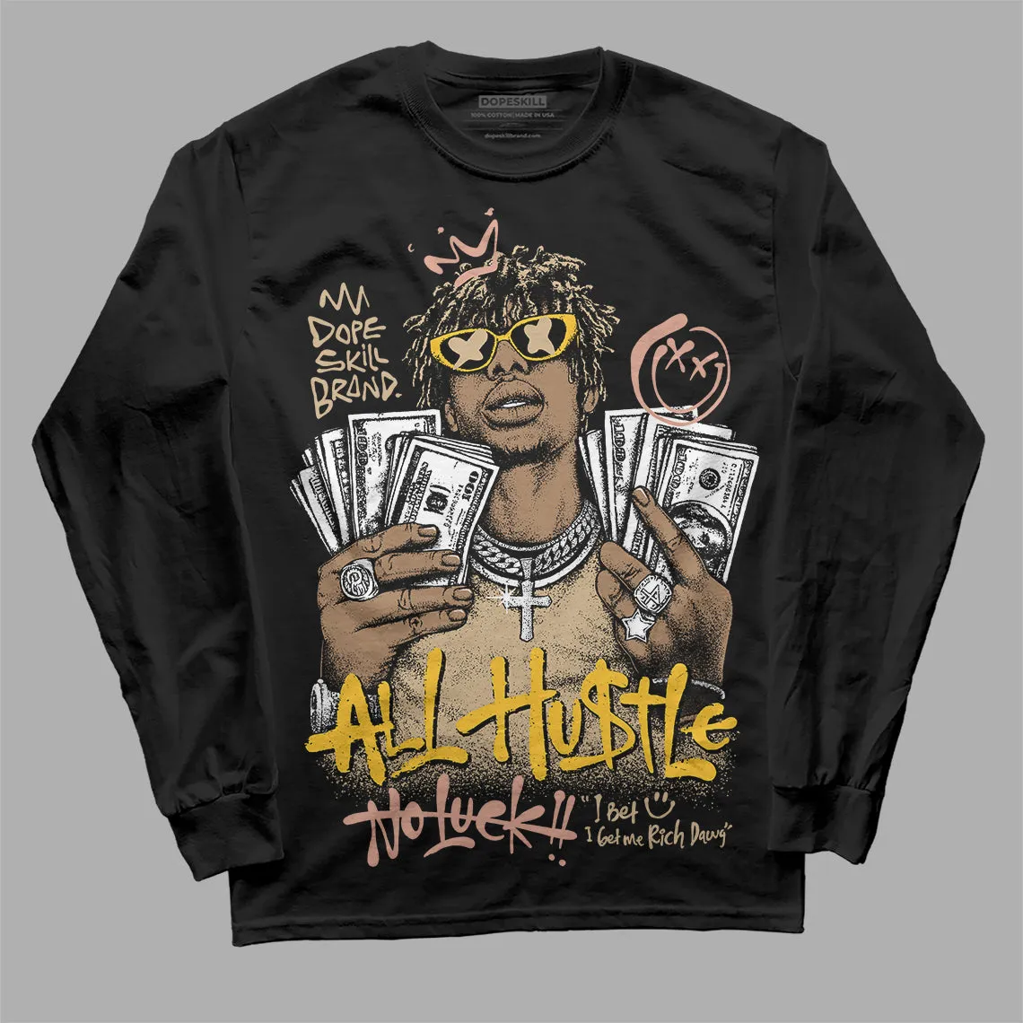 TAN 'All Hustle No Luck' DopeSkill Graphic Long Sleeve T-Shirt sold by DopeSkill