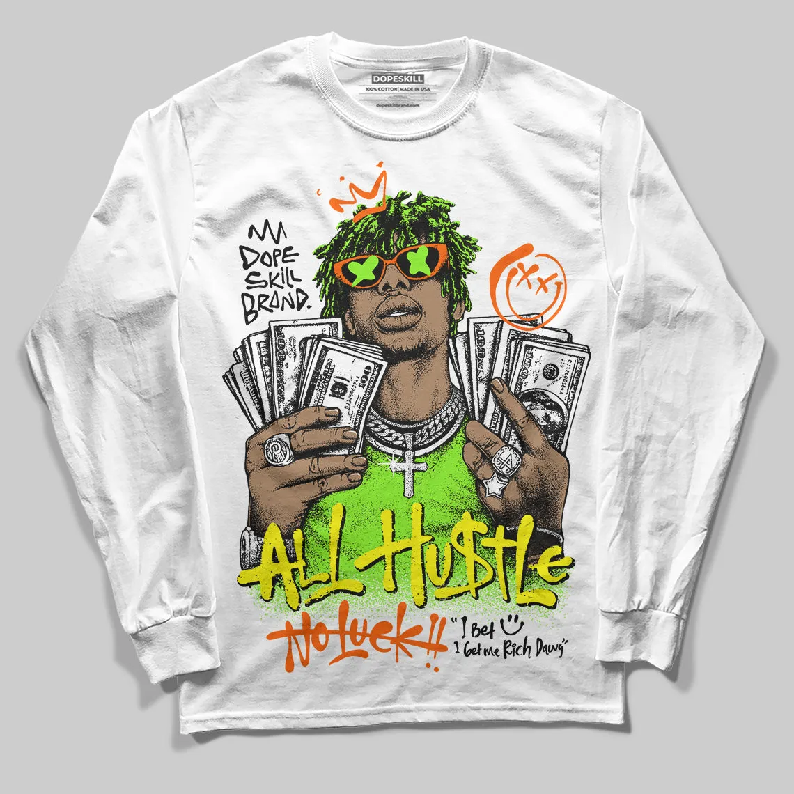 Neon Green 'All Hustle No Luck' DopeSkill Graphic Long Sleeve T-Shirt sold by DopeSkill product image thumbnail 2