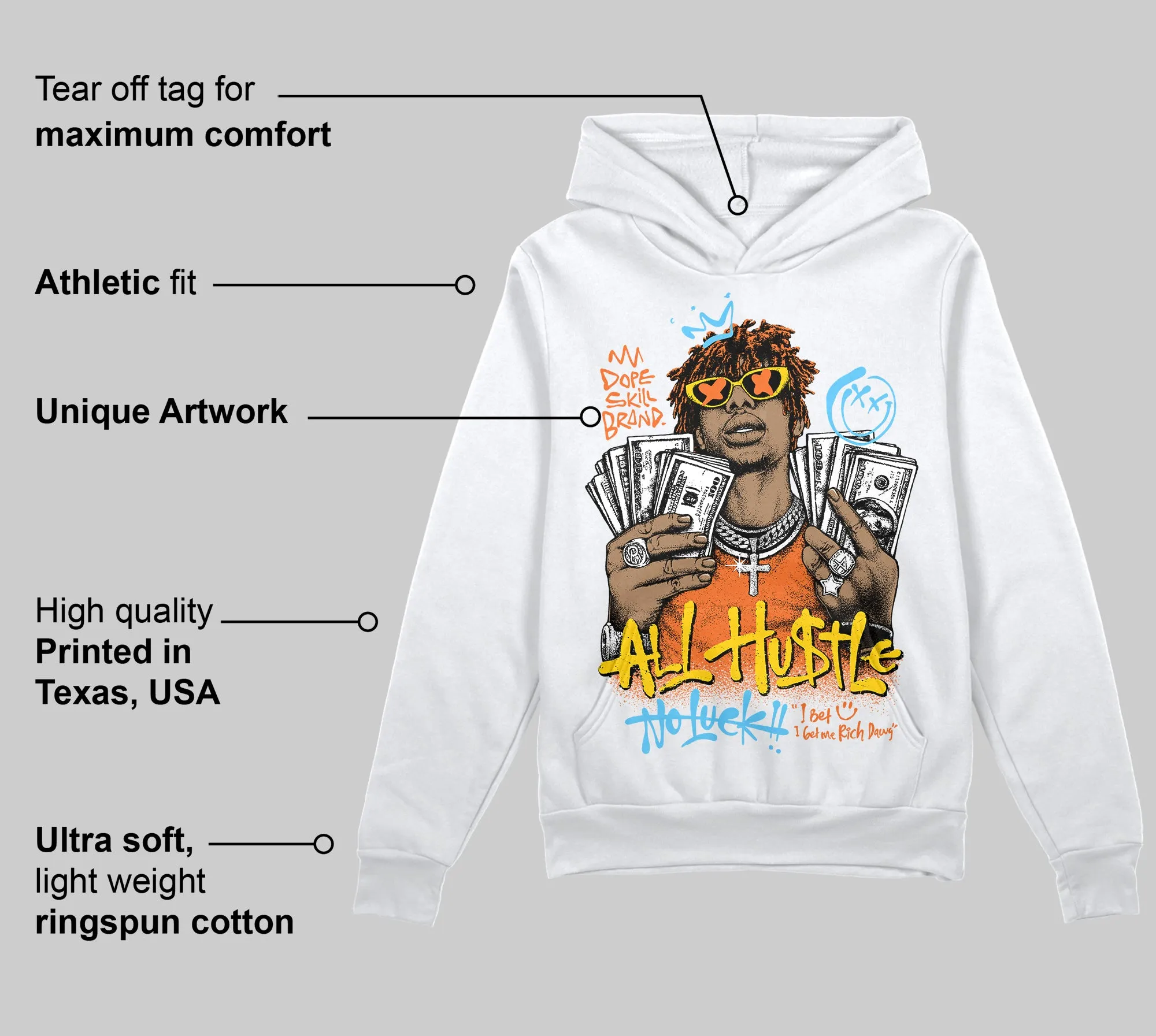 Orange 'All Hustle No Luck' DopeSkill Graphic Hoodie sold by DopeSkill product image thumbnail 3