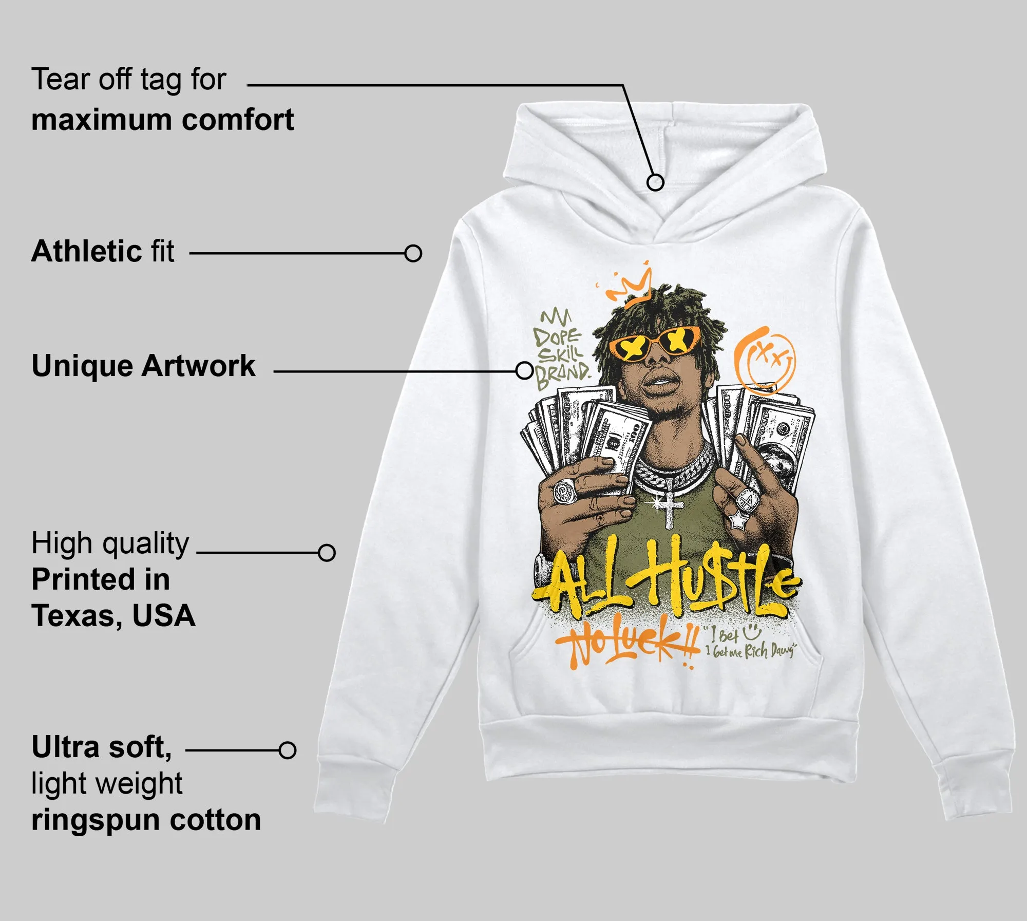 Olive 'All Hustle No Luck' DopeSkill Graphic Hoodie sold by DopeSkill product image thumbnail 3