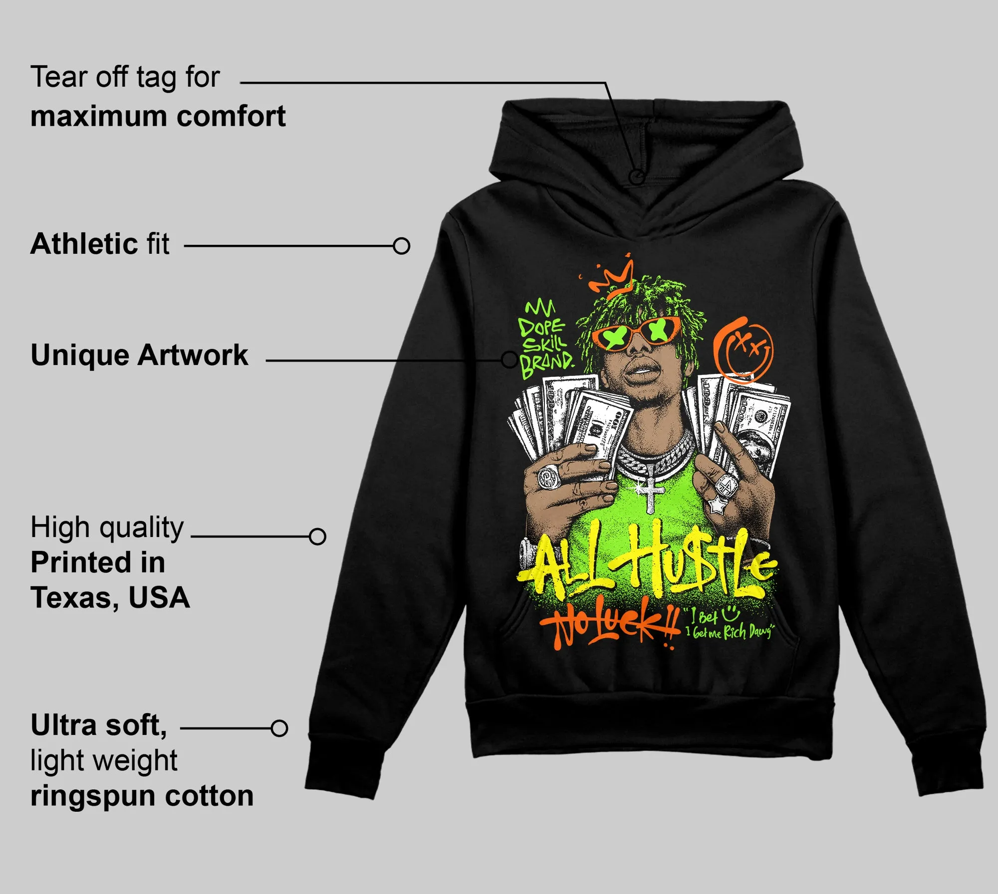 Neon Green 'All Hustle No Luck' DopeSkill Graphic Hoodie sold by DopeSkill product image thumbnail 3