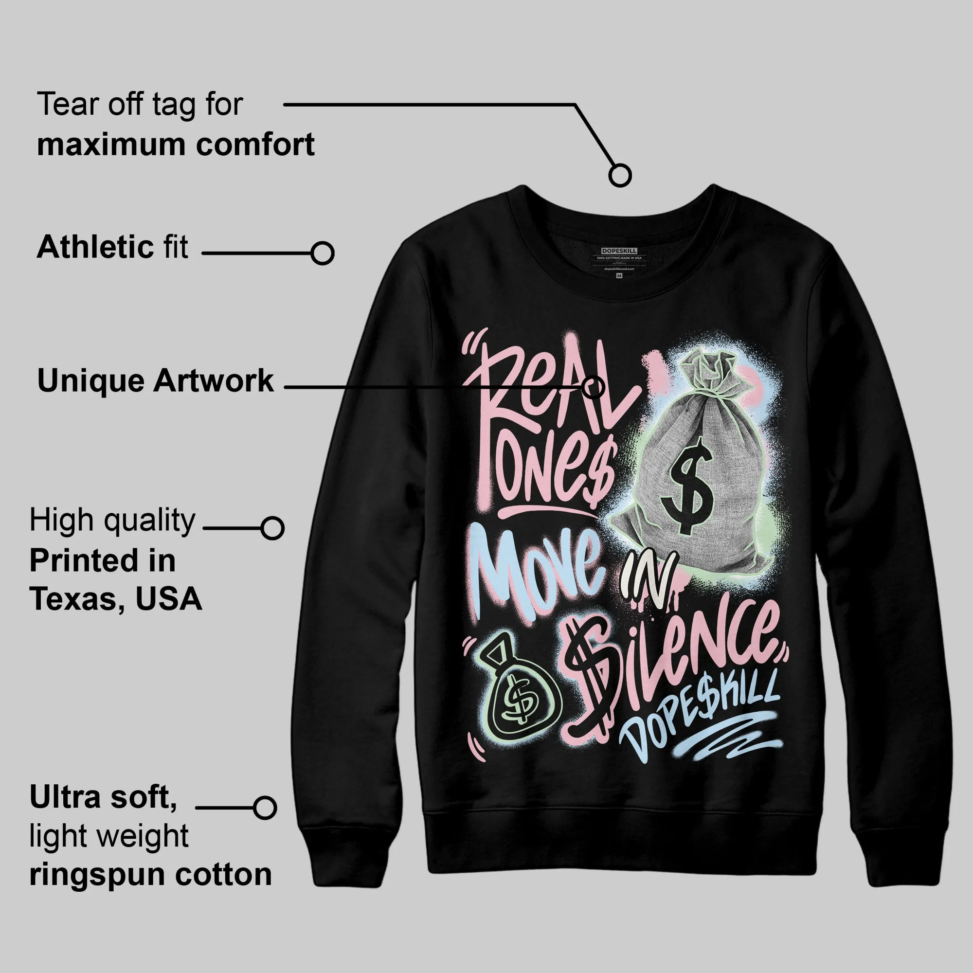 Medium Soft Pink 4s DopeSkill Sweatshirt Real Ones Move In Silence Graphic sold by DopeSkill product image thumbnail 3