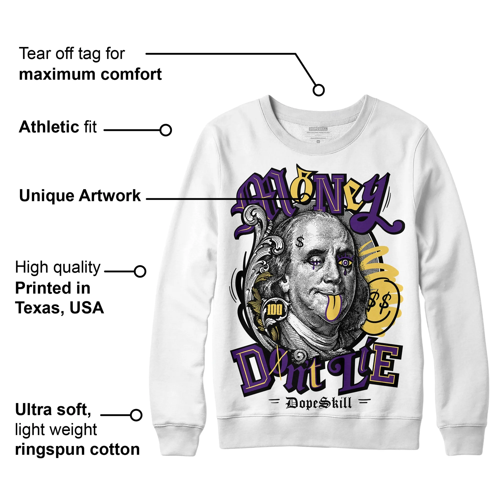 Field Purple 12s DopeSkill Sweatshirt Money Don't Lie Graphic sold by DopeSkill product image thumbnail 3
