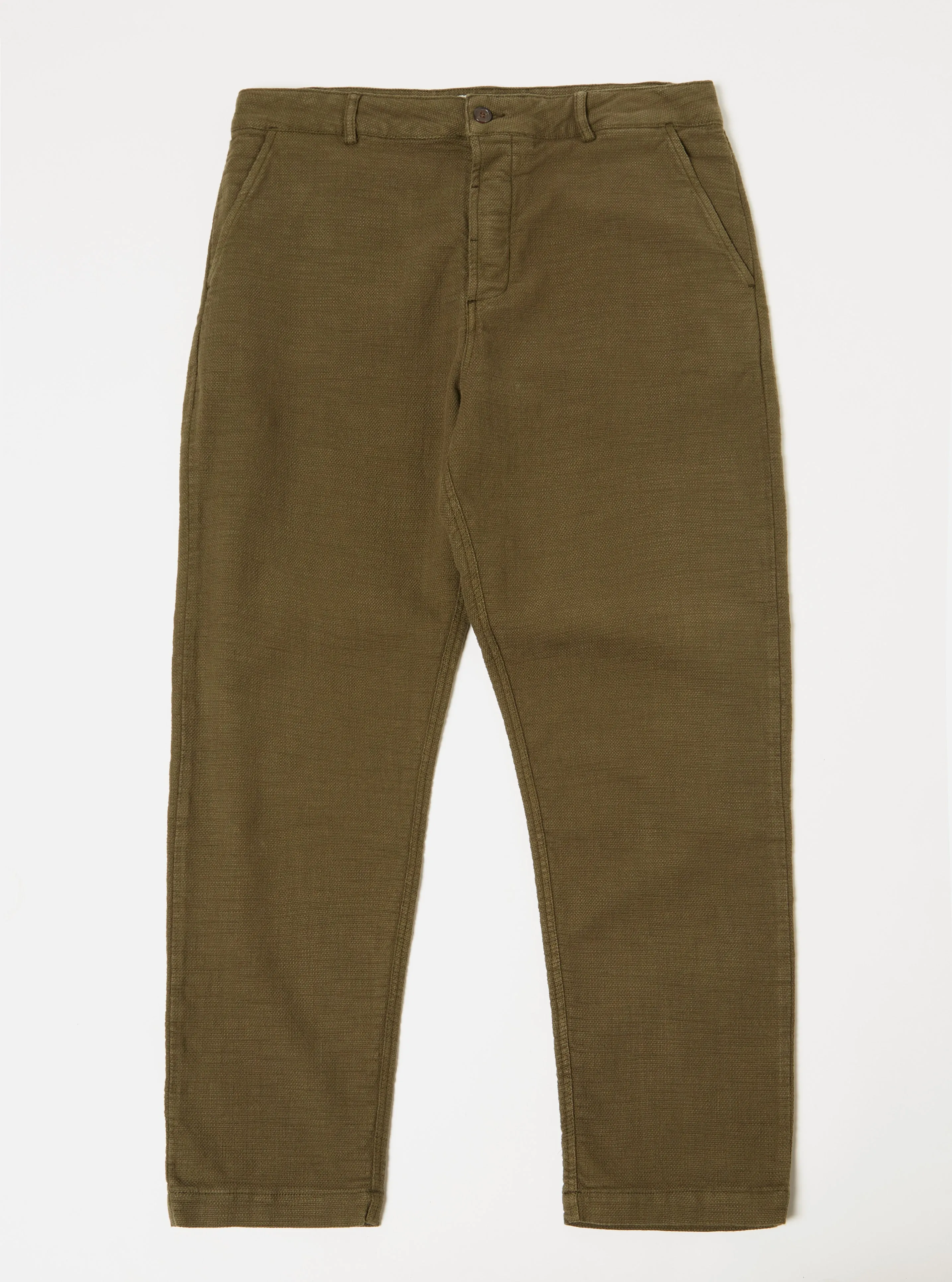 Universal Works Military Chino in Olive Chevron Cotton sold by Universal Works