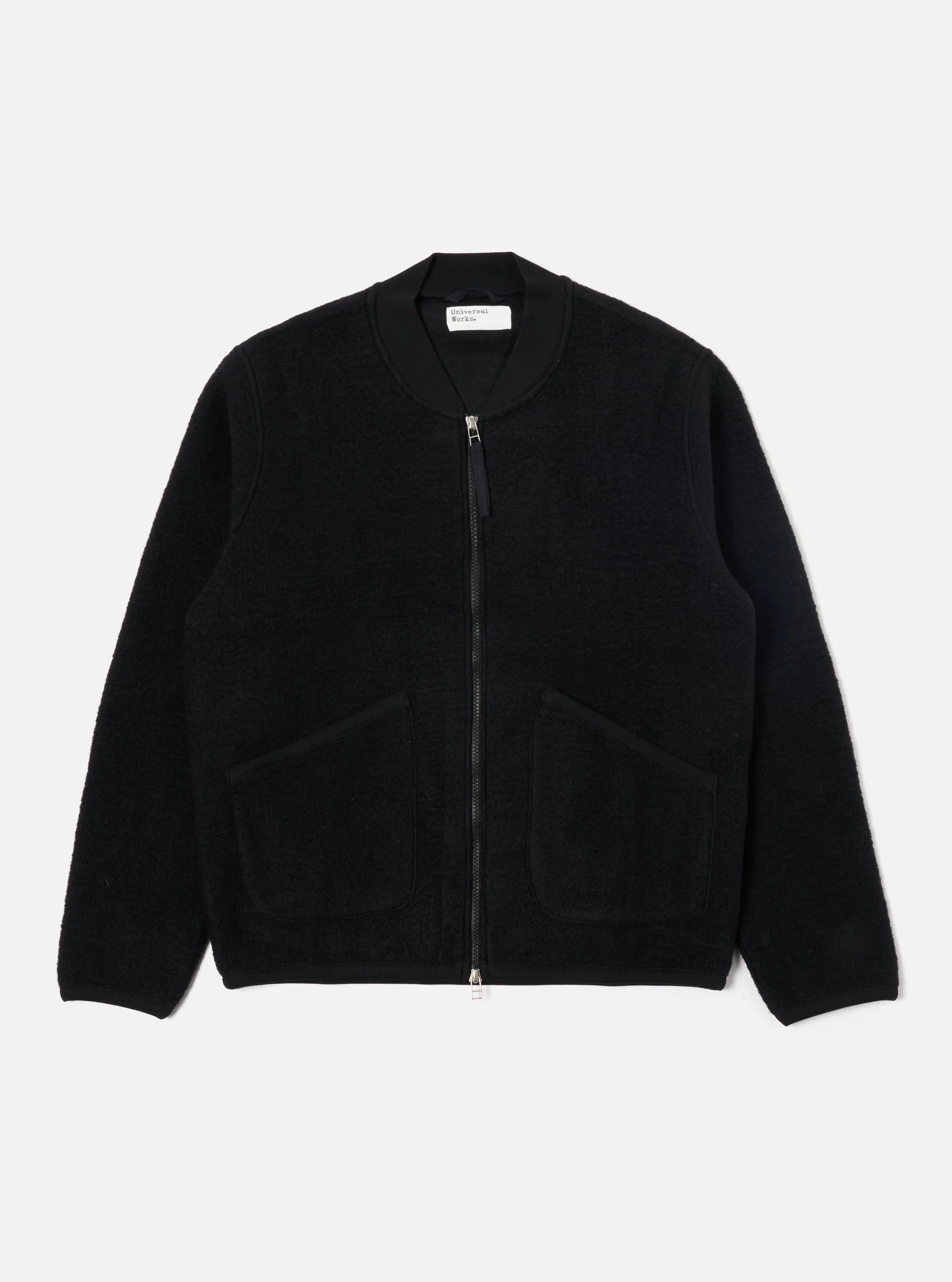 Universal Works Zip Bomber in Black Wool Fleece sold by Universal Works