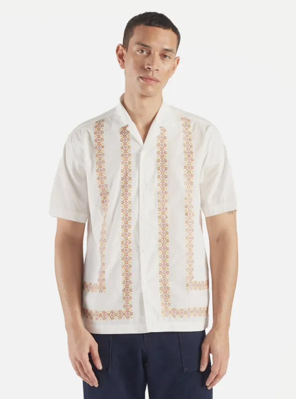 Universal Works Minari Shirt in Ecru Embroidered Organic Poplin sold by Universal Works