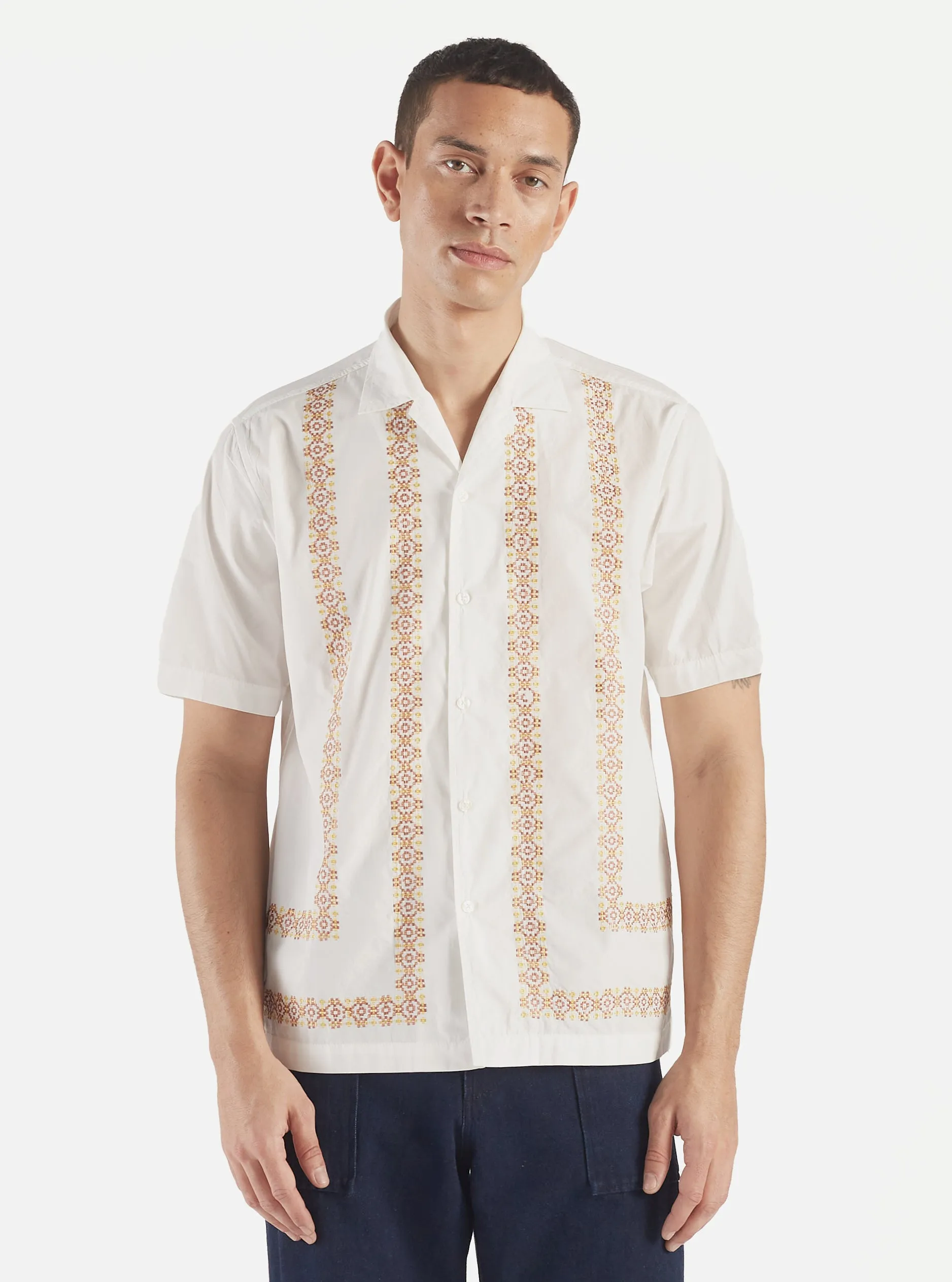 Universal Works Minari Shirt in Ecru Embroidered Organic Poplin sold by Universal Works