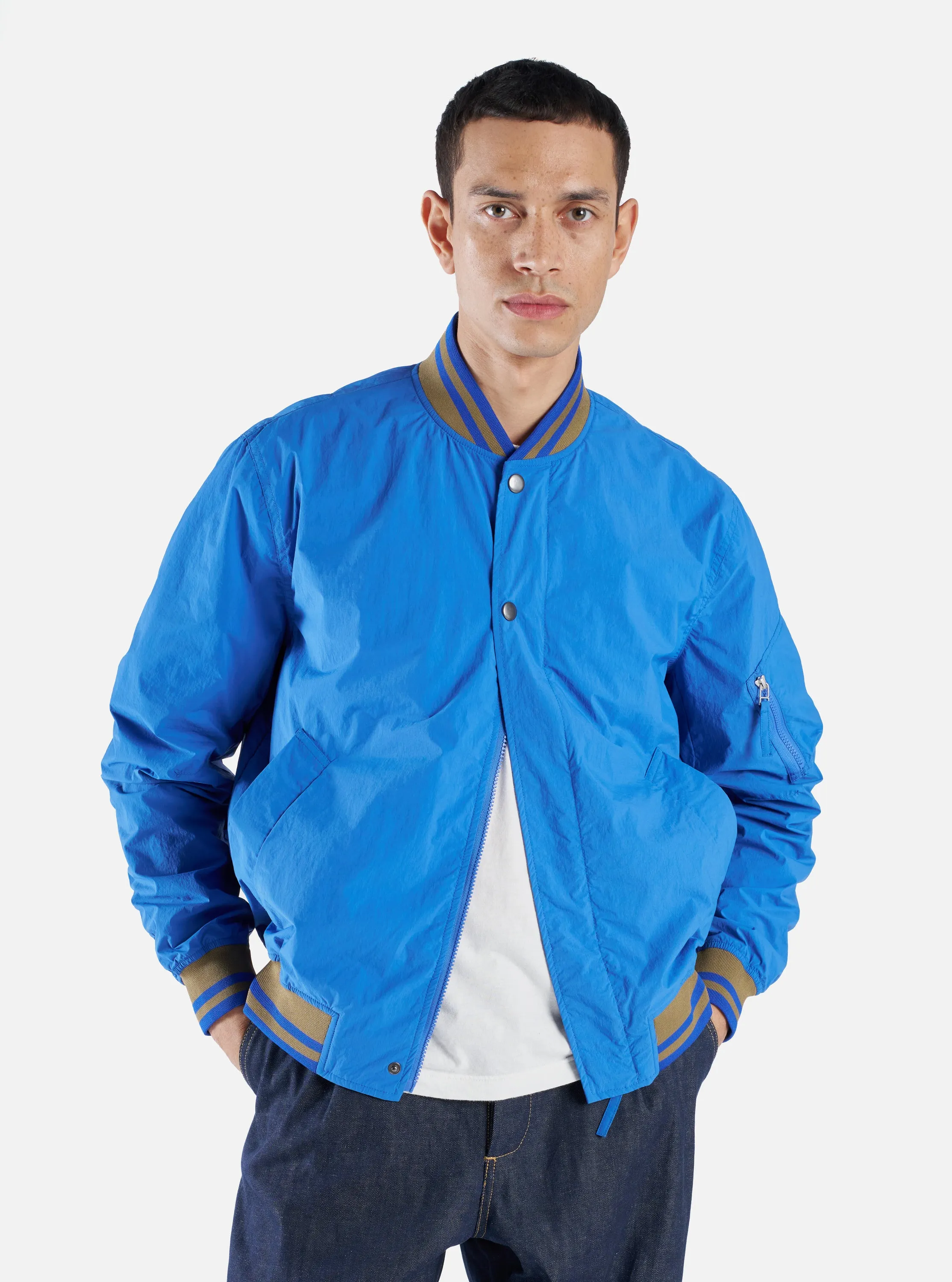 Universal Works NS Bomber Jacket in Turkish Sea Recycled Nylon sold by Universal Works