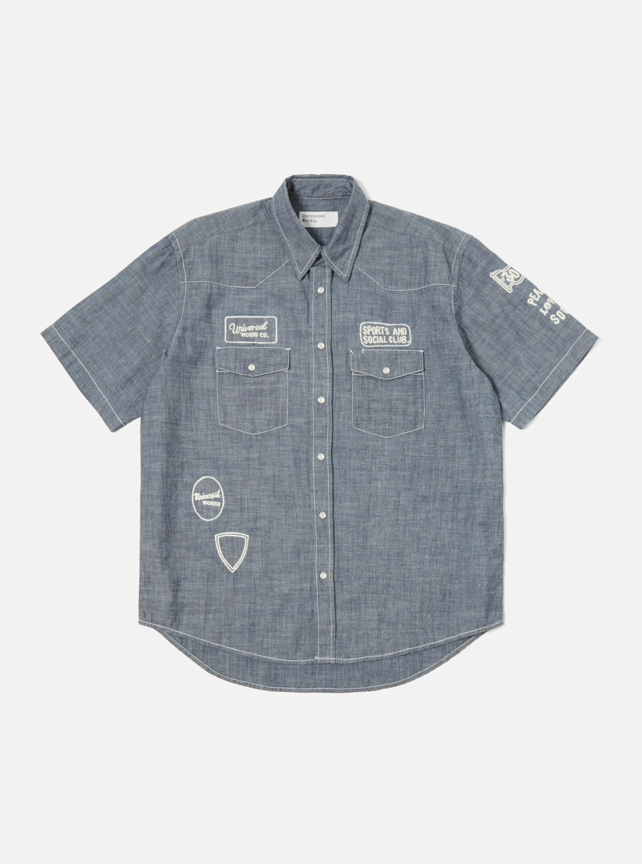 Universal Works Embroidered Western Garage Shirt in Indigo Chambray sold by Universal Works