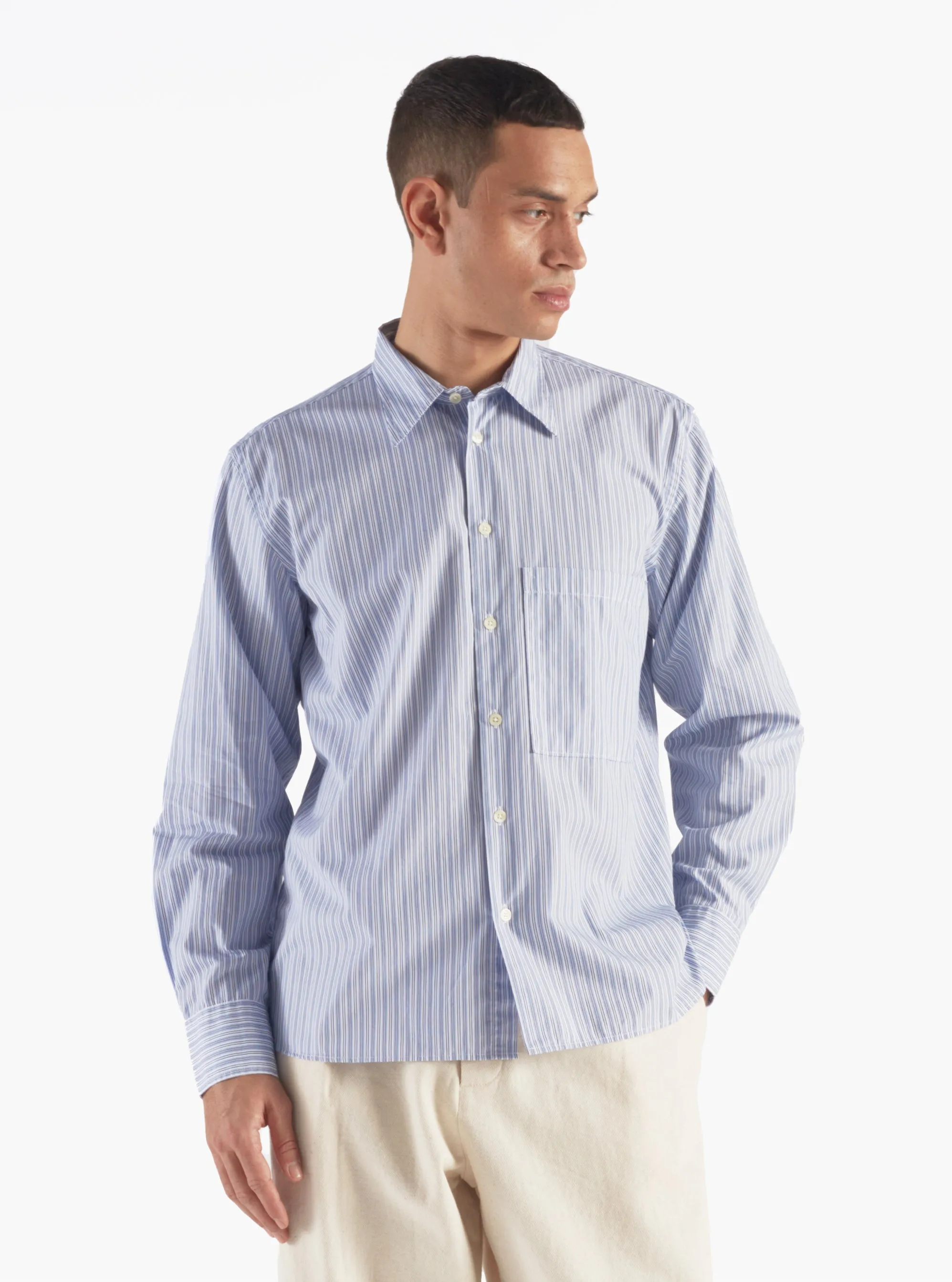 Universal Works Square Pocket Shirt in Blue/Navy Busy Stripe Cotton sold by Universal Works