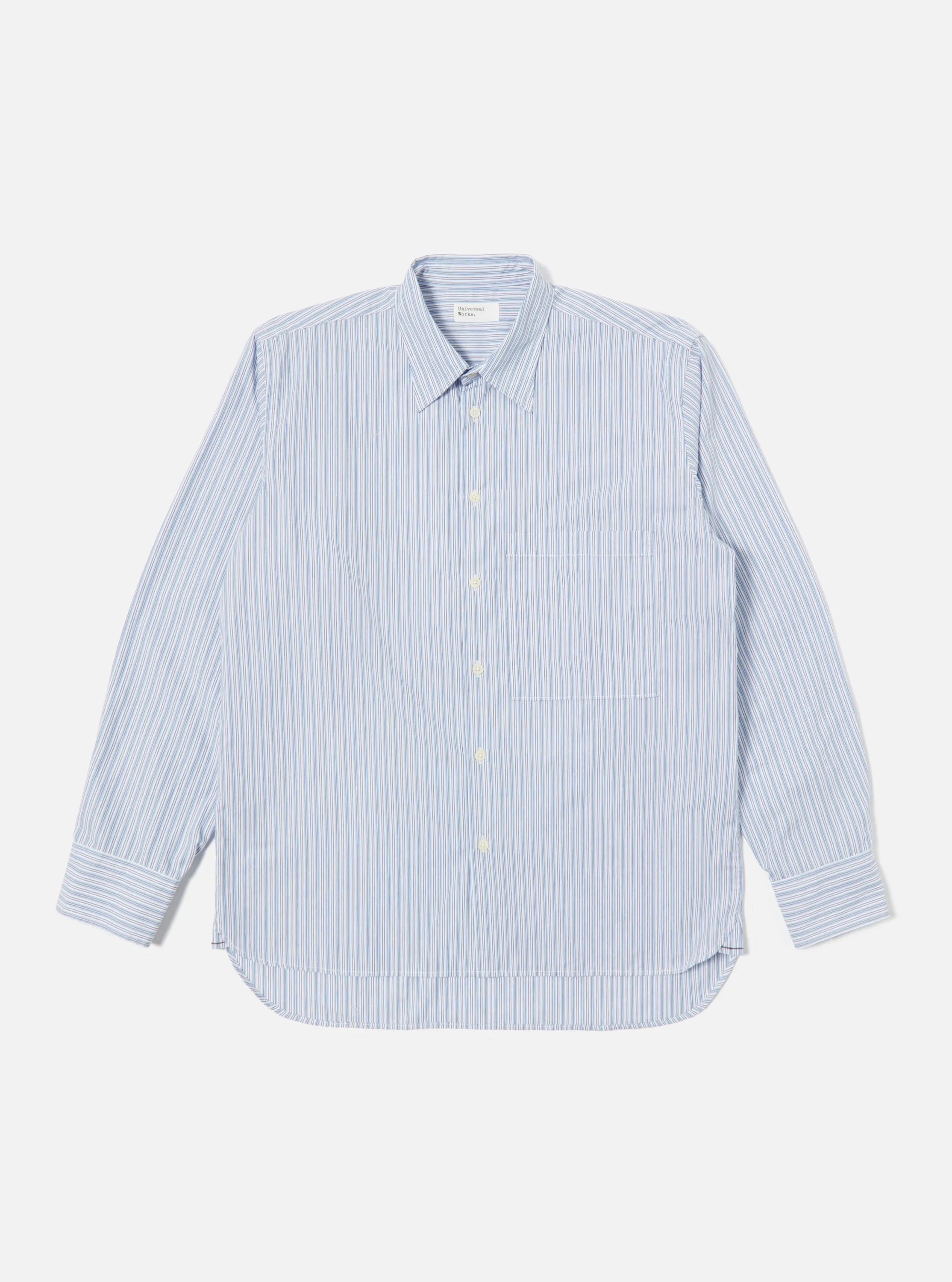 Universal Works Square Pocket Shirt in Blue/Navy Busy Stripe Cotton sold by Universal Works product image thumbnail 2