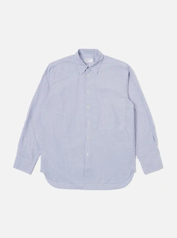 Universal Works Square Pocket Shirt in Navy Security Stripe Cotton sold by Universal Works