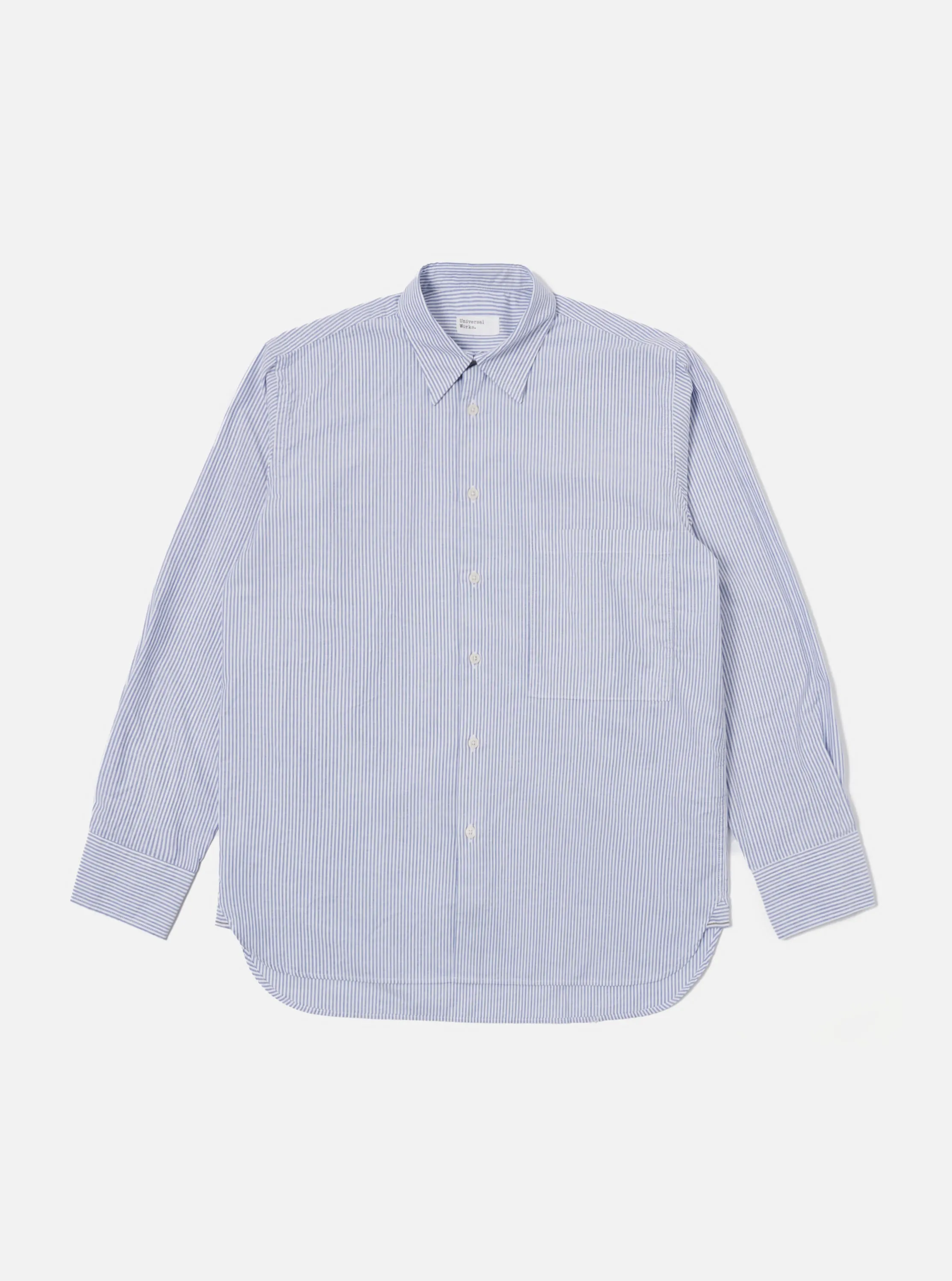 Universal Works Square Pocket Shirt in Navy Security Stripe Cotton sold by Universal Works