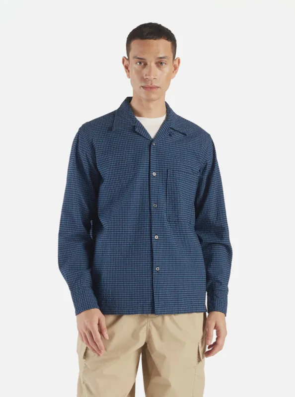 Universal Works L/S Camp Shirt in Navy Gingham Seersucker sold by Universal Works
