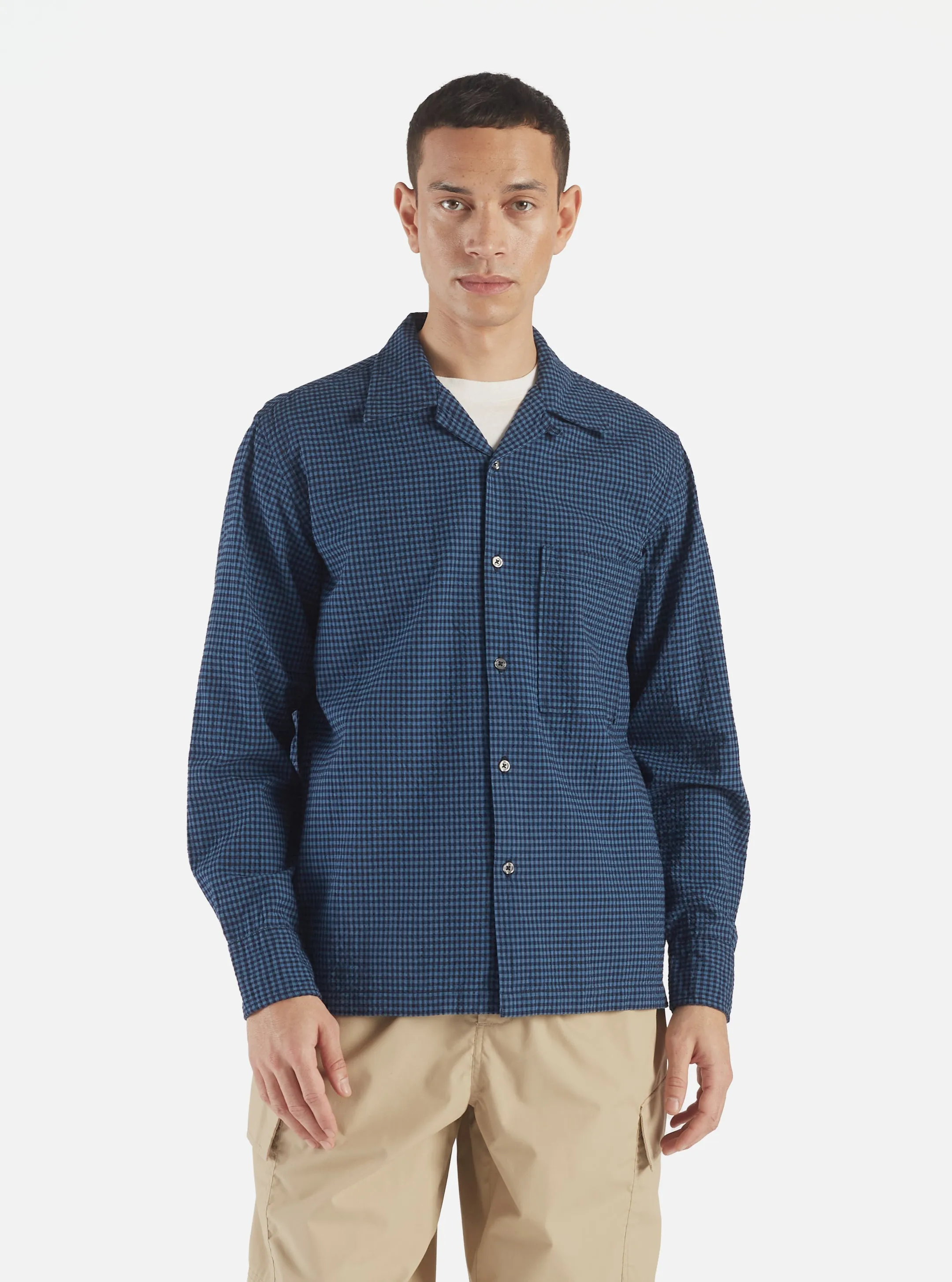 Universal Works L/S Camp Shirt in Navy Gingham Seersucker sold by Universal Works