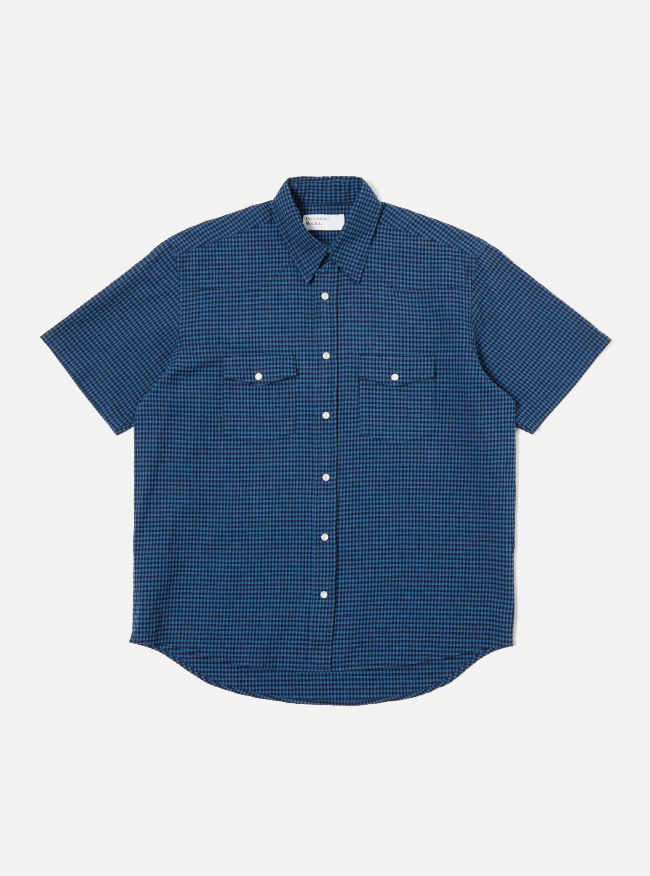 Universal Works Western Garage Shirt in Navy Gingham Seersucker sold by Universal Works