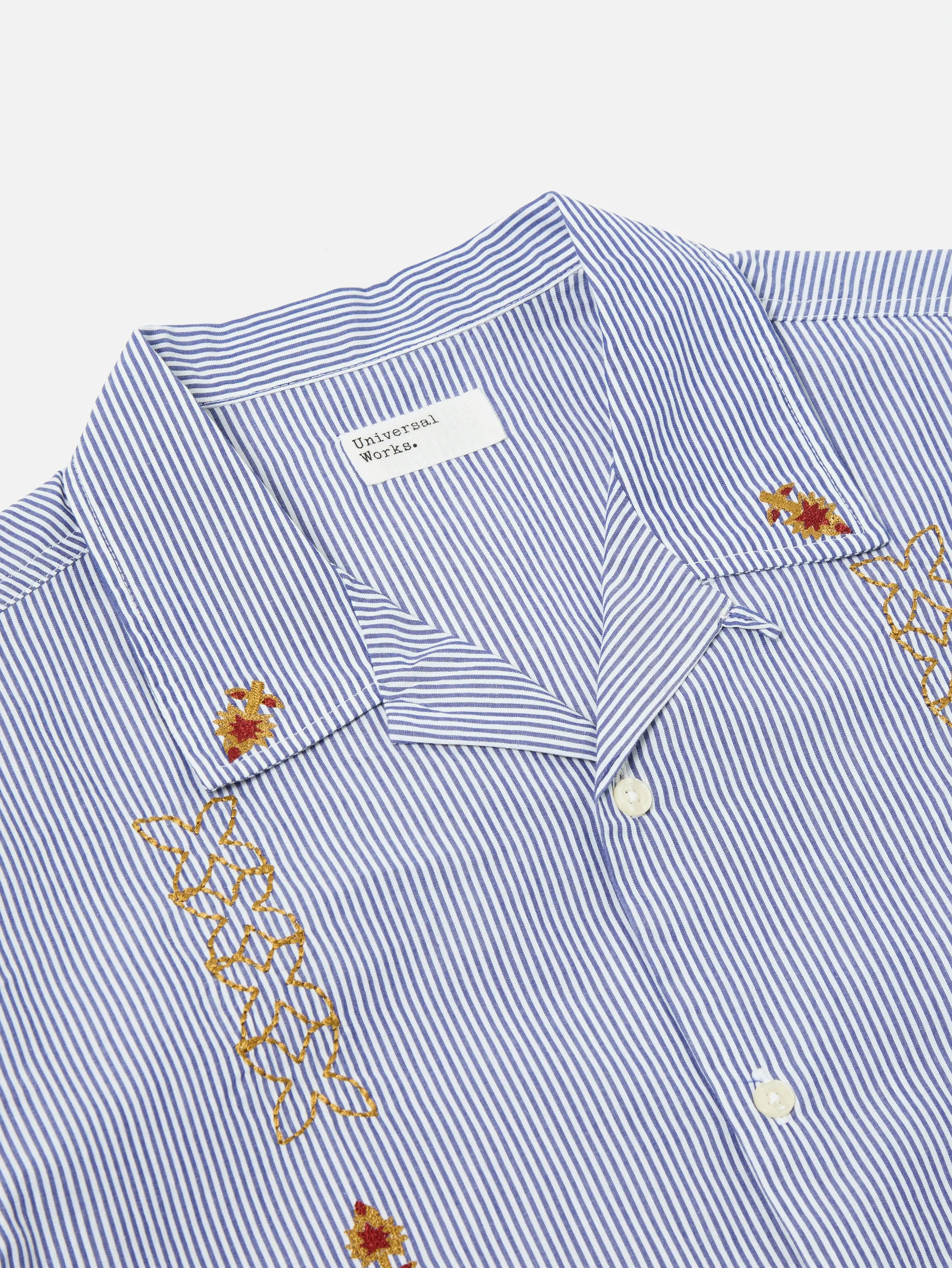 Universal Works Road Shirt in Blue Embroidered Classic Stripe sold by Universal Works product image thumbnail 4