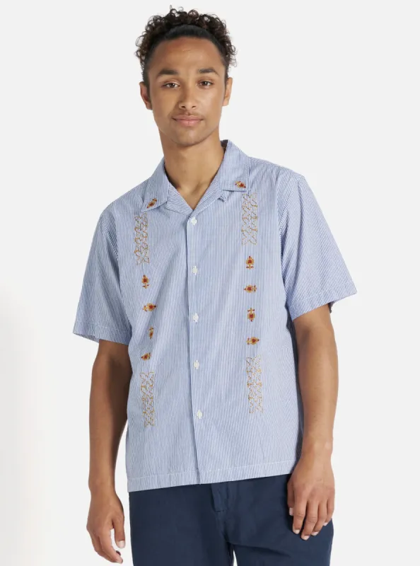 Universal Works Road Shirt in Blue Embroidered Classic Stripe sold by Universal Works