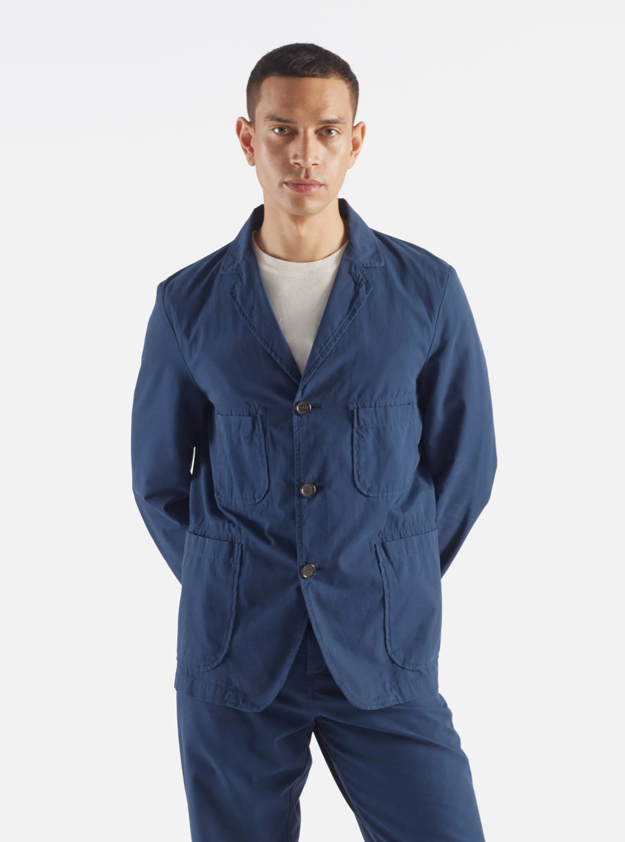 Universal Works Five Pocket Jacket in Navy Summer Canvas sold by Universal Works