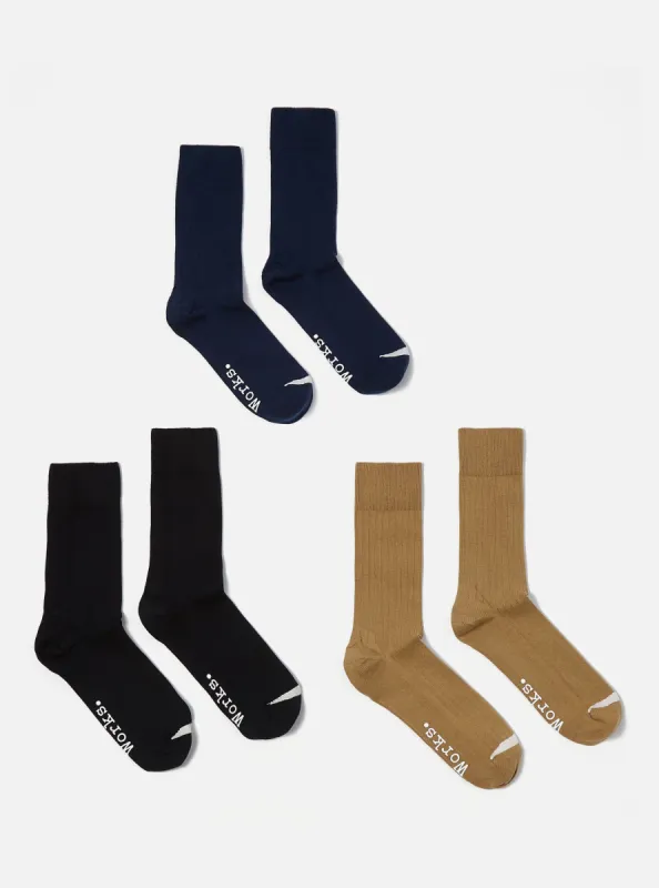 Universal Works 3 Pack Modal Sock in Black/Navy/Cumin Rib Knit sold by Universal Works