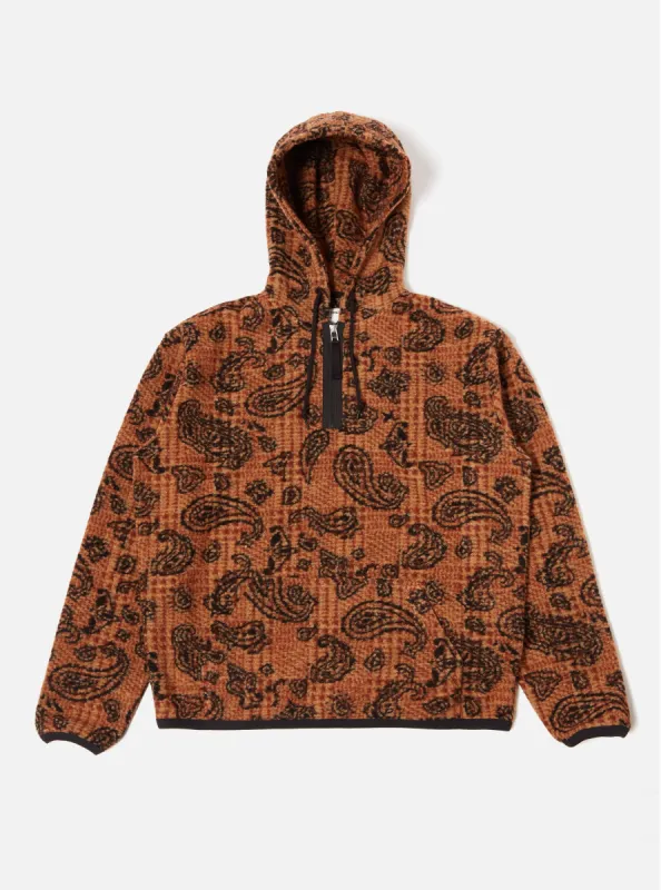 Universal Works Beach Hoodie in Cinnamon Paisley Check Fleece sold by Universal Works