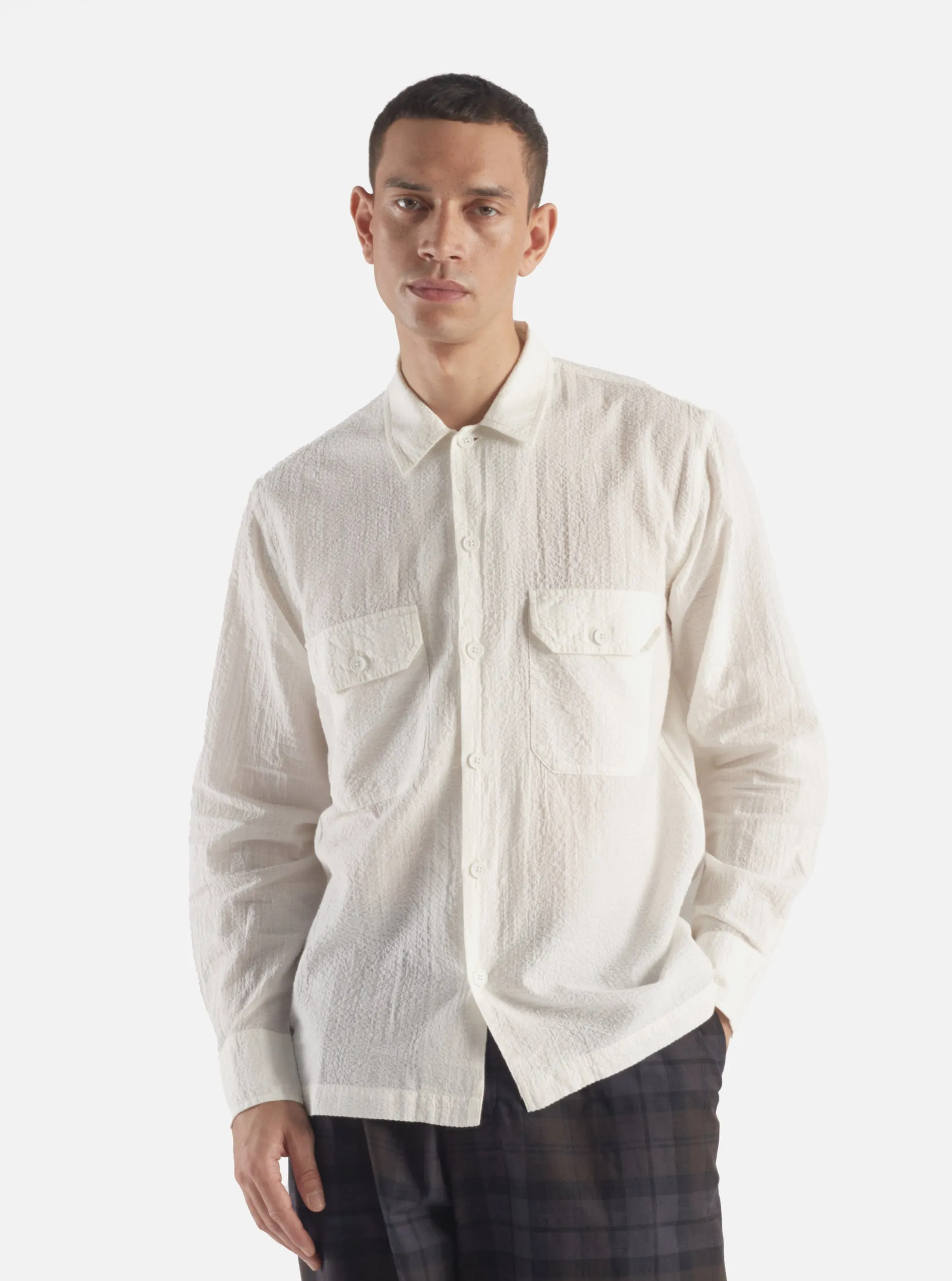 Universal Works L/S Utility Shirt in White Shin Seersucker sold by Universal Works