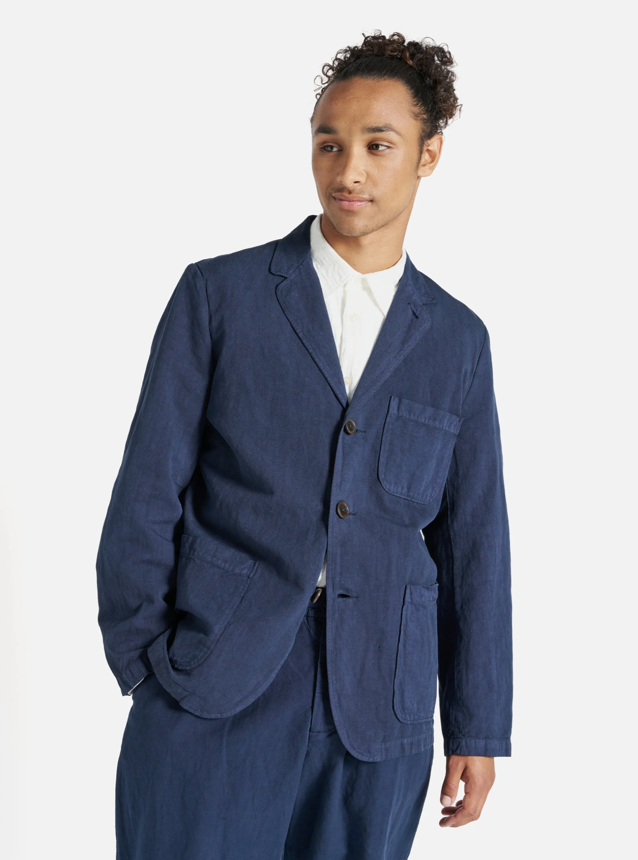 Universal Works Three Button Jacket in Navy Linen Slub Weave sold by Universal Works