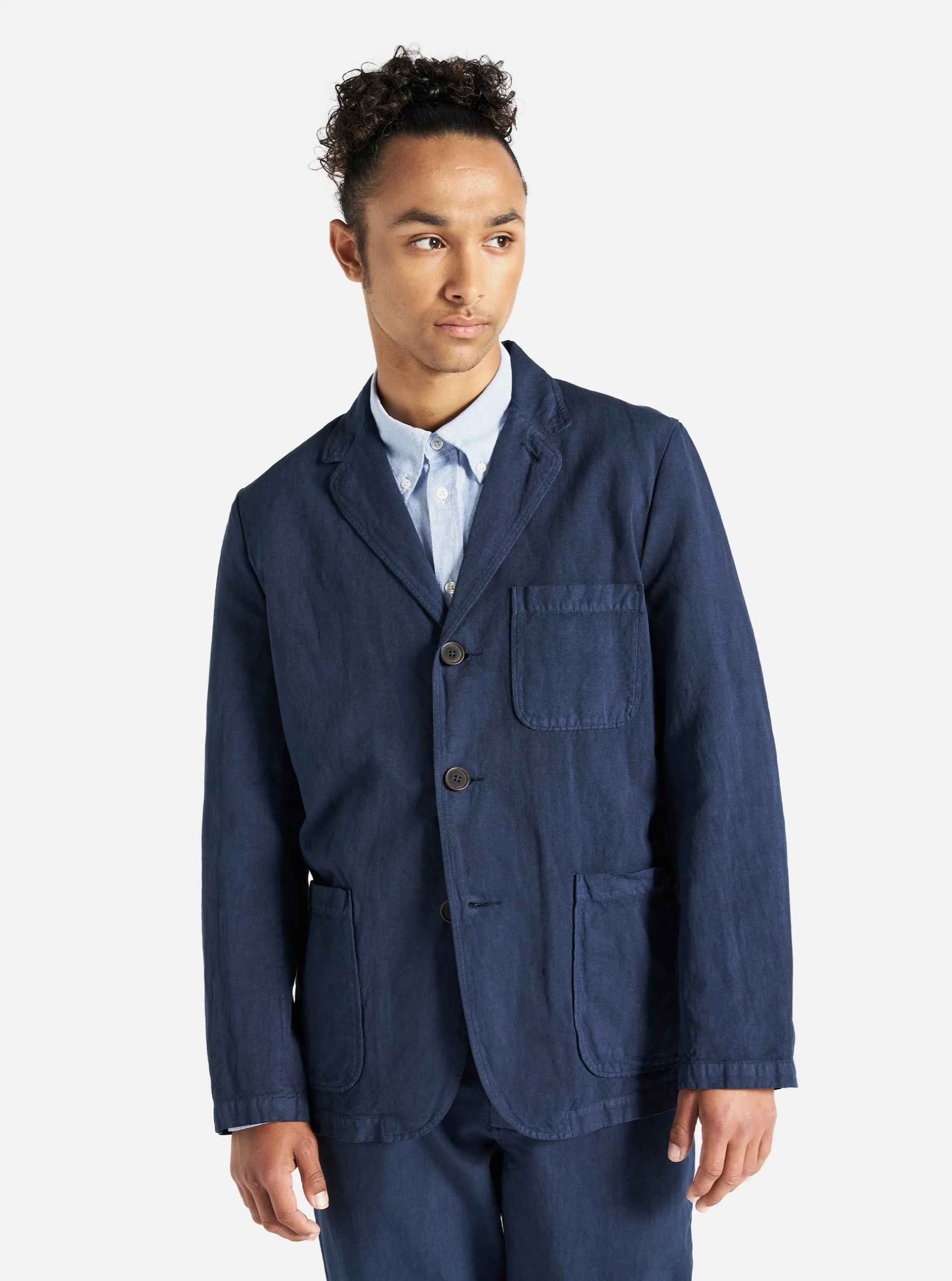 Universal Works Three Button Jacket in Navy Linen Slub Weave sold by Universal Works product image thumbnail 2