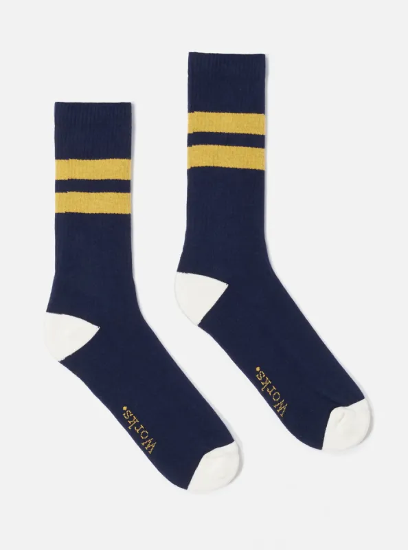 Navy/Yellow Cotton Rib Sport Sock sold by Universal Works