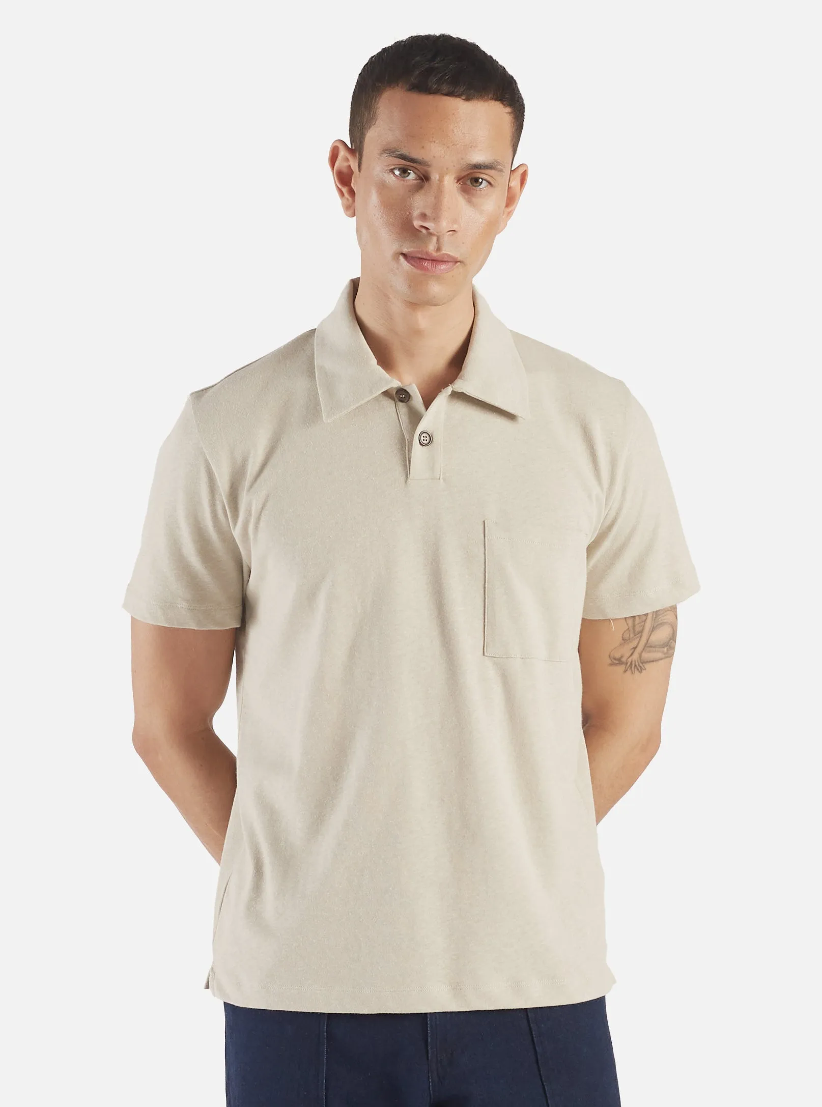 Universal Works Newlyn Polo in Driftwood Cotton Hemp Jersey sold by Universal Works