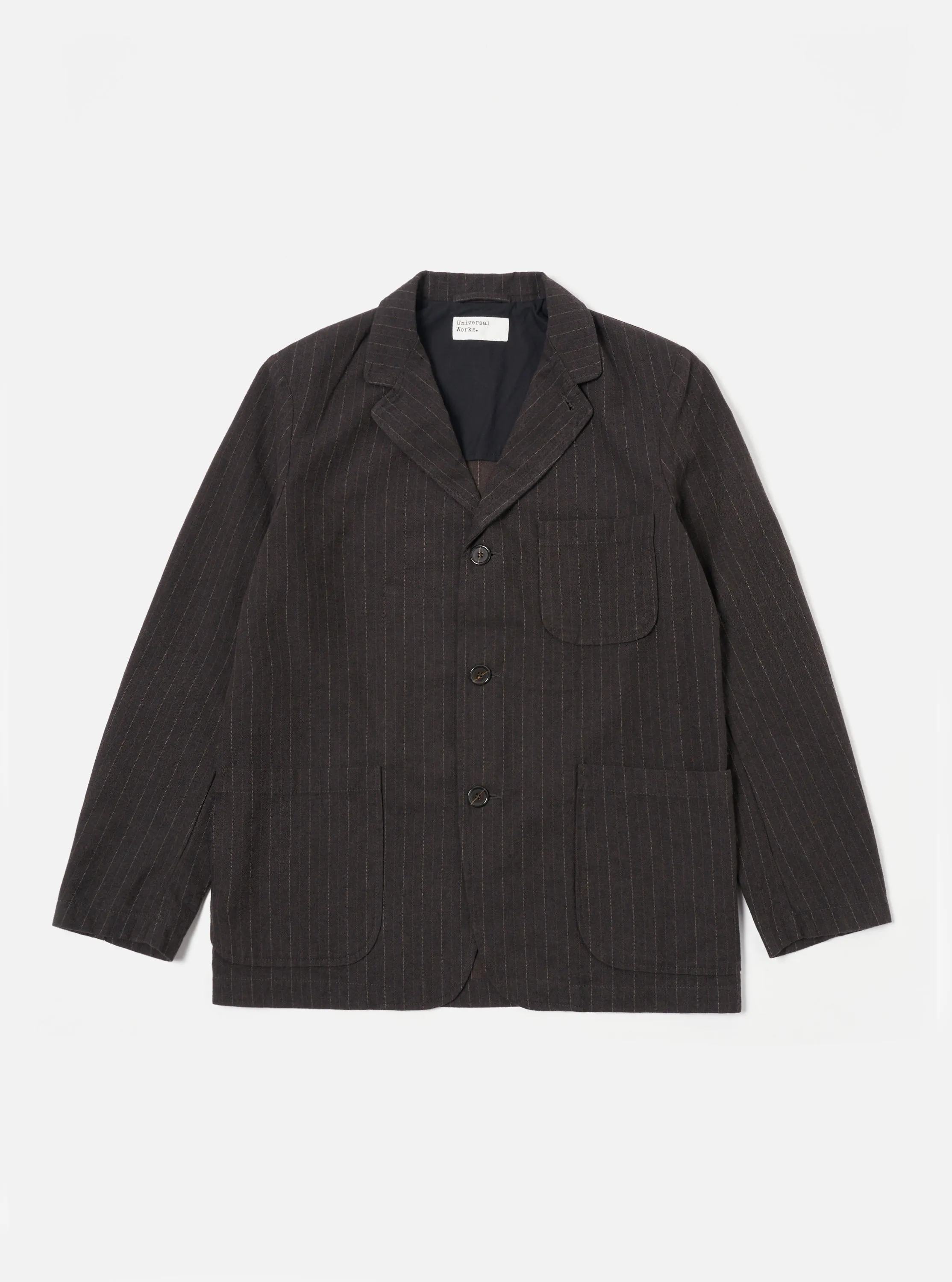 Universal Works Three Button Jacket in Brown Italian Pinstripe sold by Universal Works
