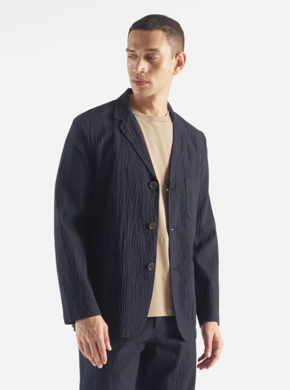Universal Works Three Button Jacket in Dark Navy Ospina Cotton sold by Universal Works