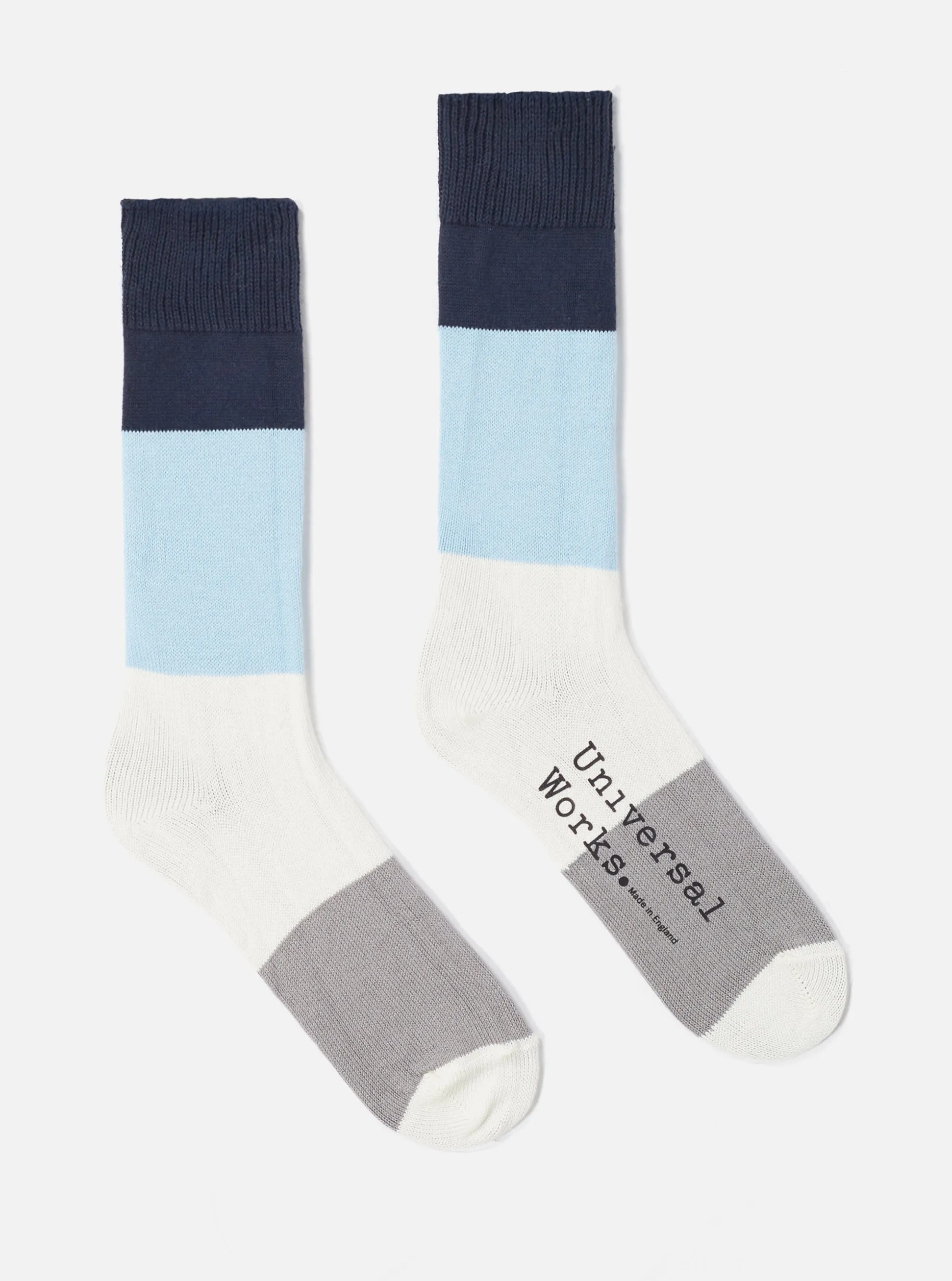 Navy/Sky Cotton Bold Stripe Sock sold by Universal Works