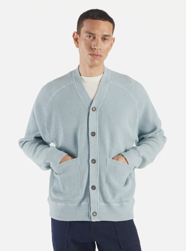 Universal Works Dickie Cardigan in Sky Fluro Cotton sold by Universal Works