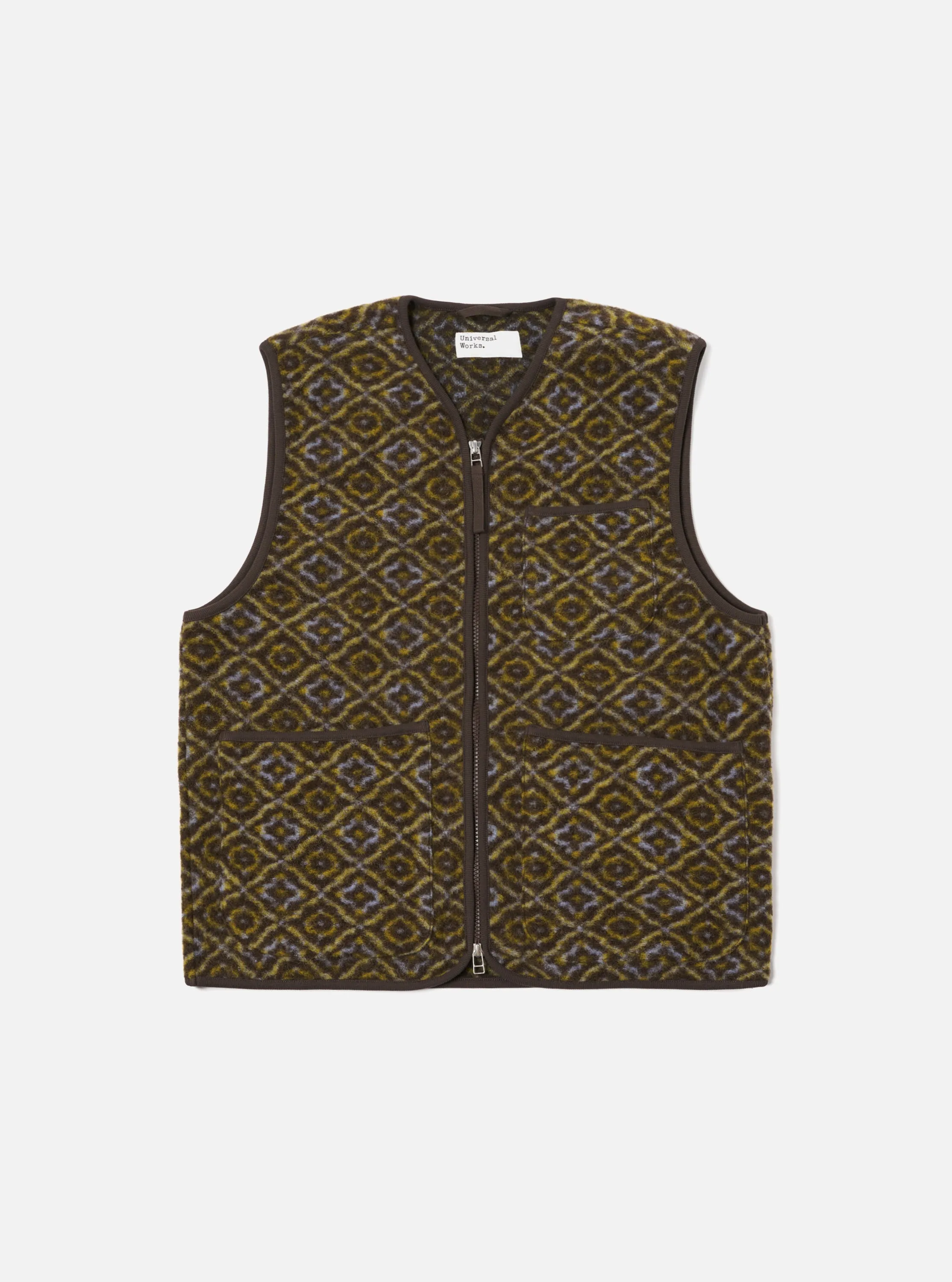 Universal Works Zip Gilet in Brown Geometric Fleece sold by Universal Works