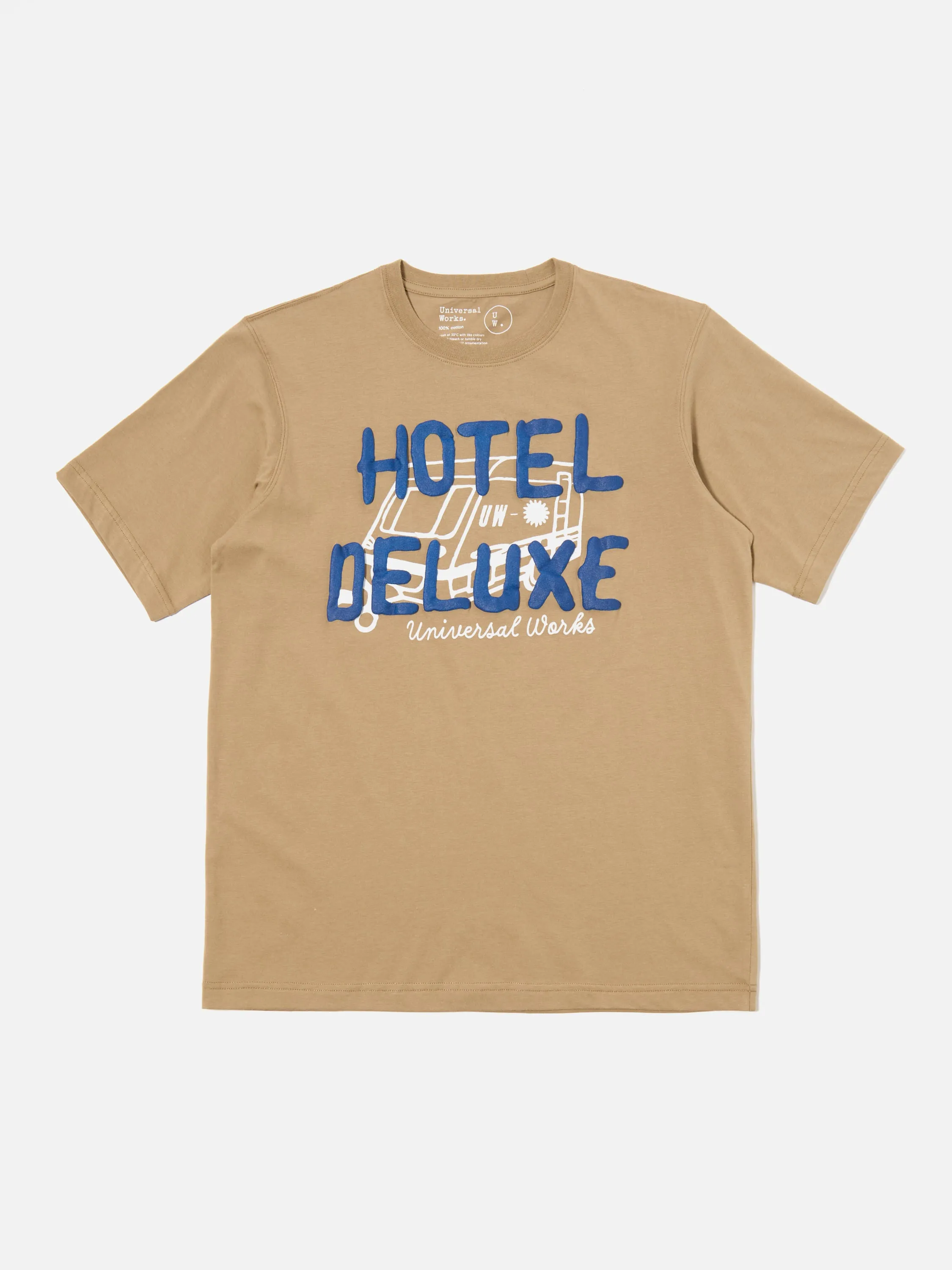 Universal Works Print Tee in Sand 'Hotel Deluxe' Single Jersey sold by Universal Works product image thumbnail 2
