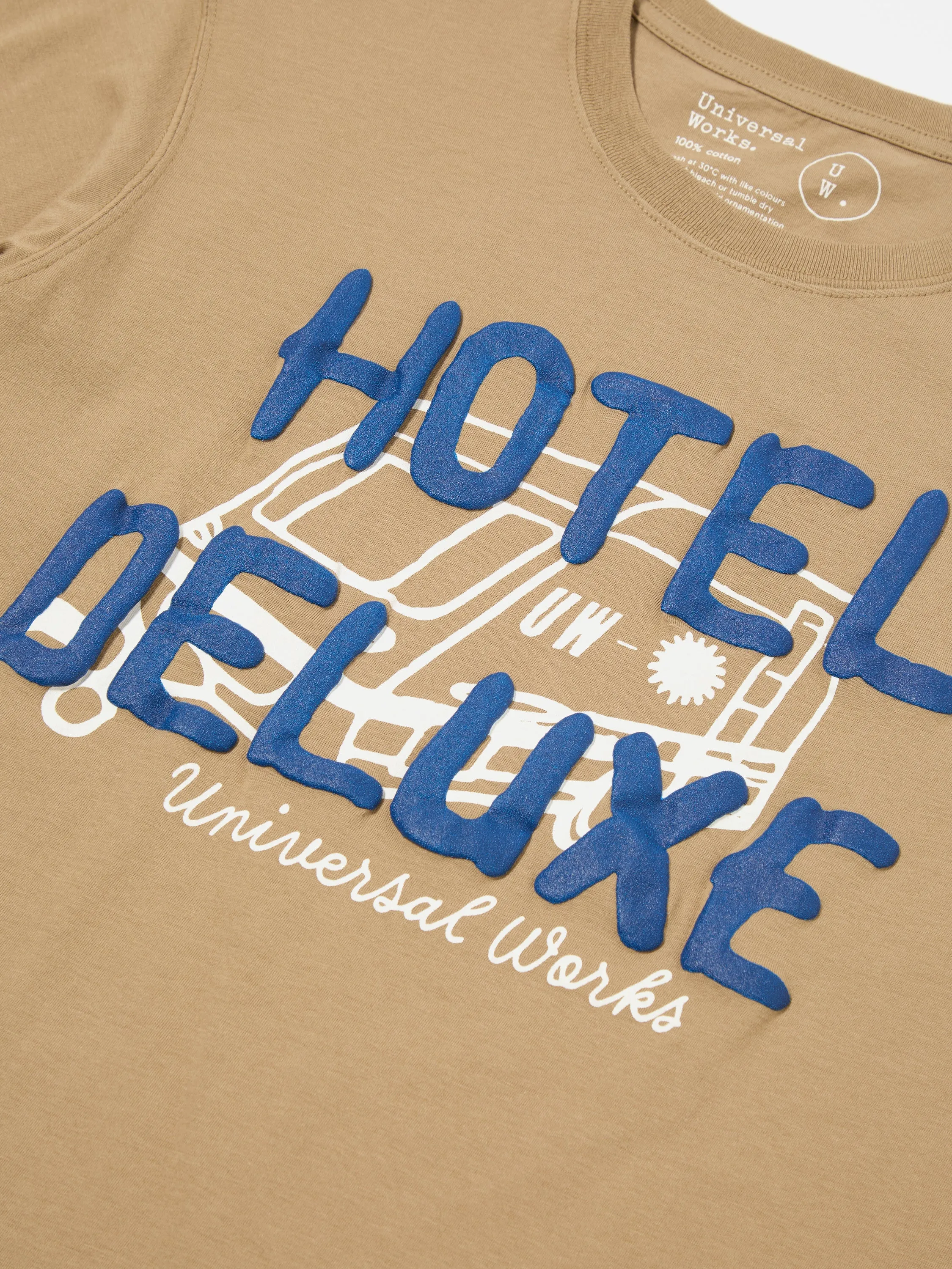 Universal Works Print Tee in Sand 'Hotel Deluxe' Single Jersey sold by Universal Works product image thumbnail 5
