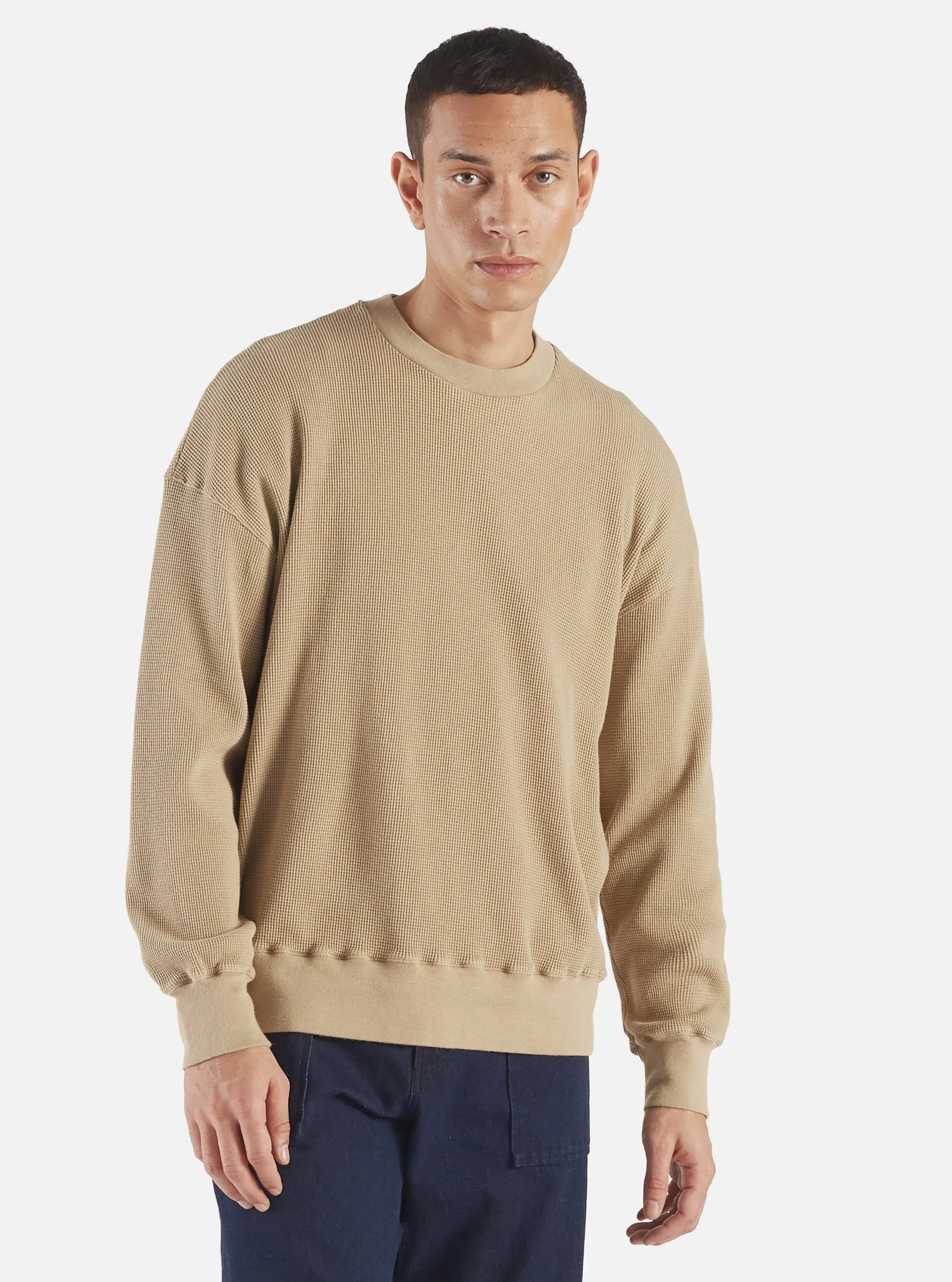 Universal Works Loose Sweatshirt in Summer Oak Organic Cotton/Hemp Waffle sold by Universal Works