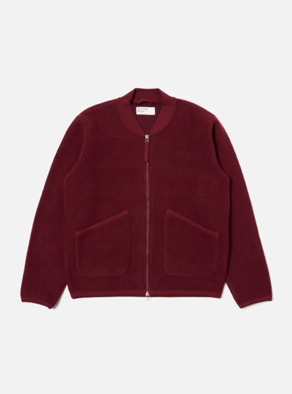 Universal Works Zip Bomber in Deep Red Wool Fleece sold by Universal Works