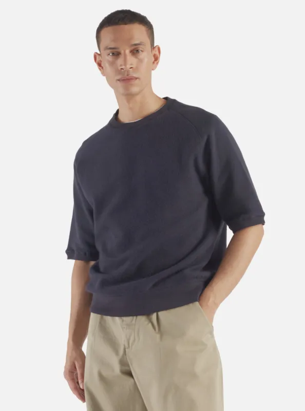 Universal Works Short Sleeve Sweatshirt in Navy Brush Back Sweat sold by Universal Works