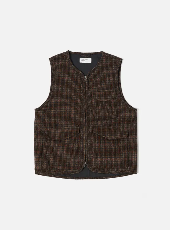 Universal Works Parachute Liner Gilet in Black/Olive Albuquerque Check sold by Universal Works