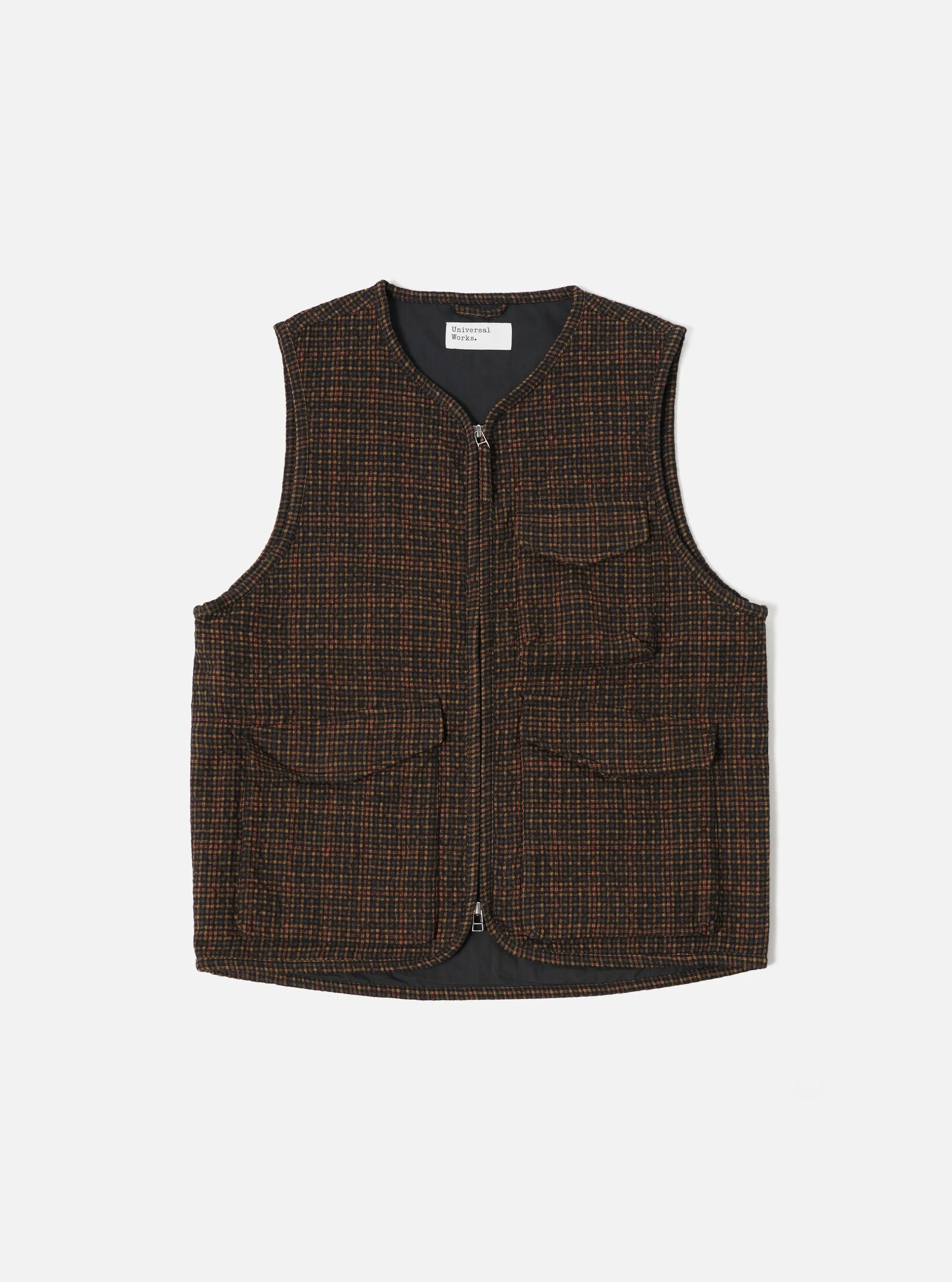 Universal Works Parachute Liner Gilet in Black/Olive Albuquerque Check sold by Universal Works