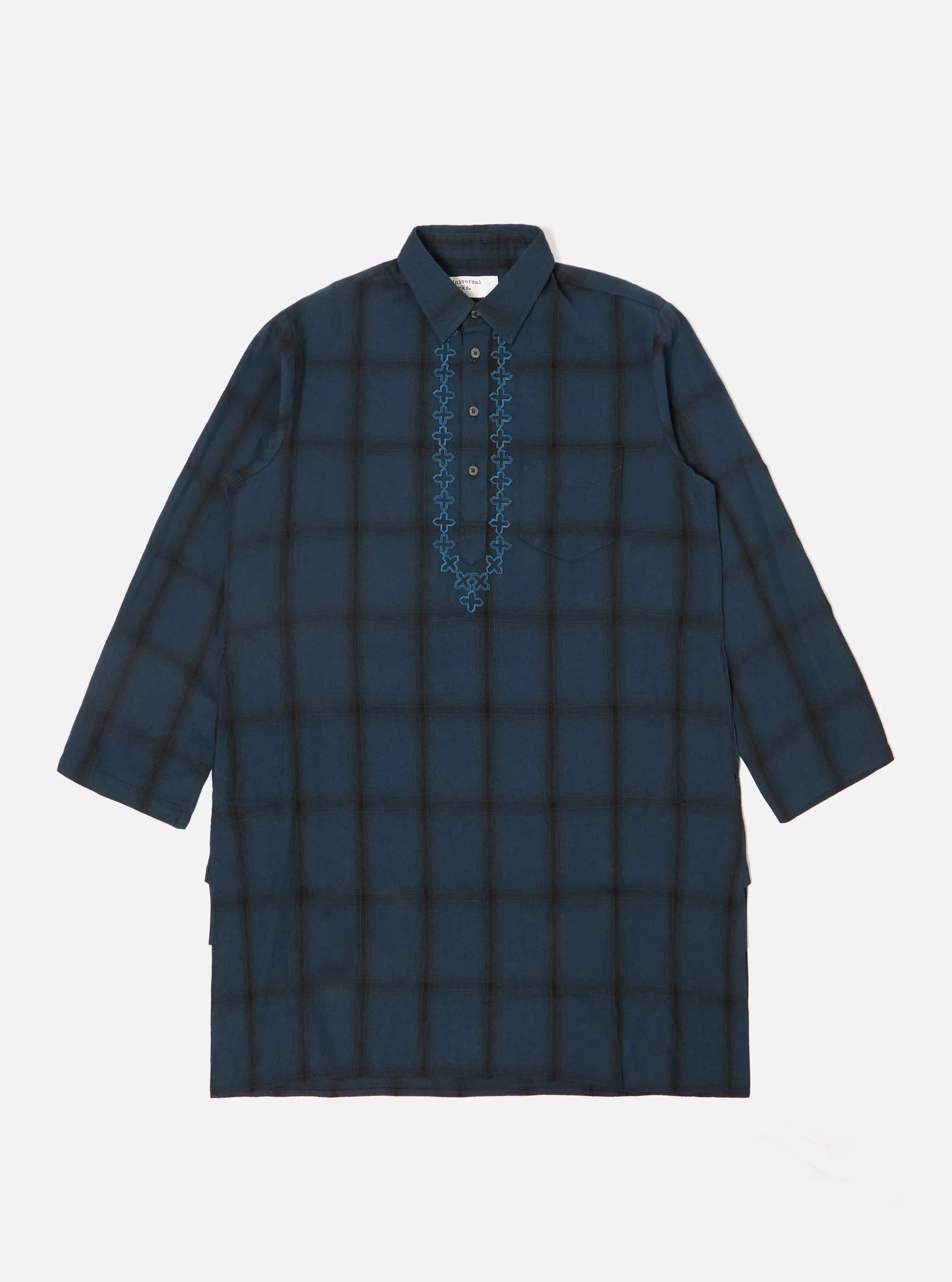 Universal Works Kurta Shirt in Navy Shadow Check sold by Universal Works