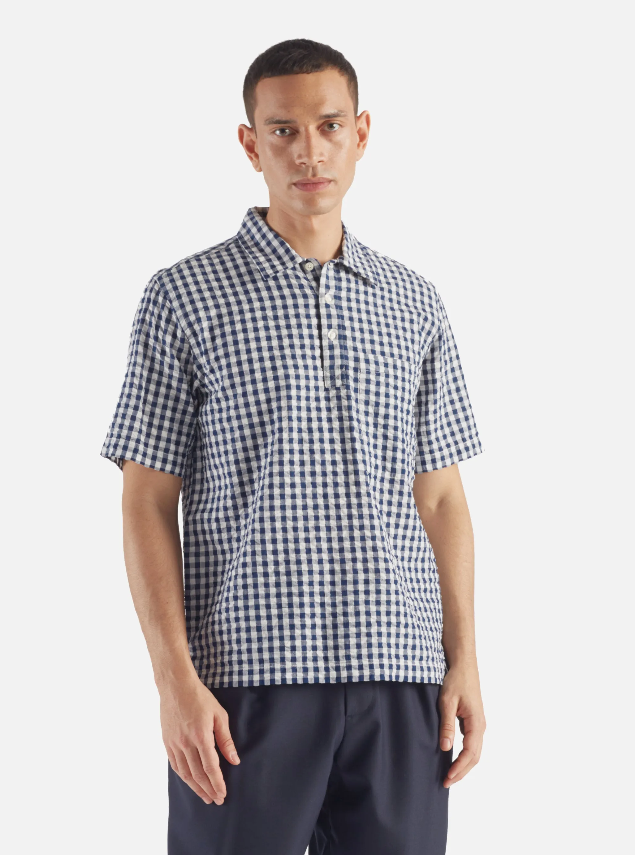 Universal Works Pullover Shirt in Navy Gingham Seersucker sold by Universal Works