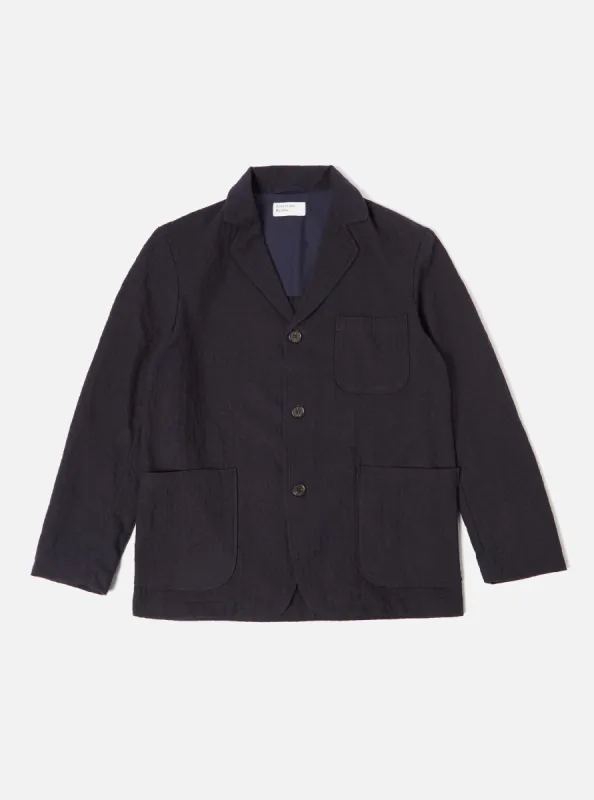 Universal Works Three Button Jacket in Navy Wool Cotton Check Seersucker sold by Universal Works