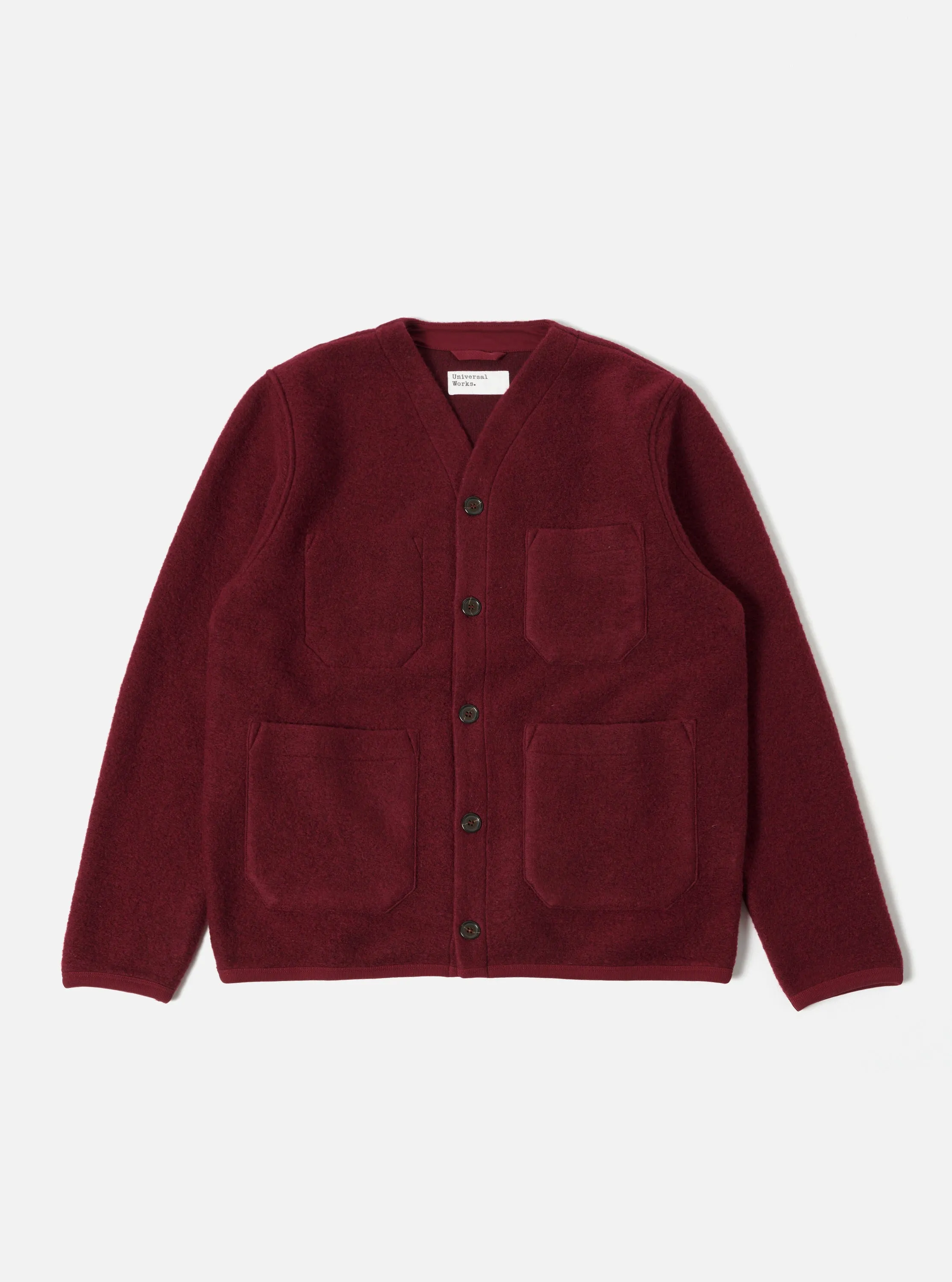 Universal Works Cardigan in Deep Red Wool Fleece sold by Universal Works