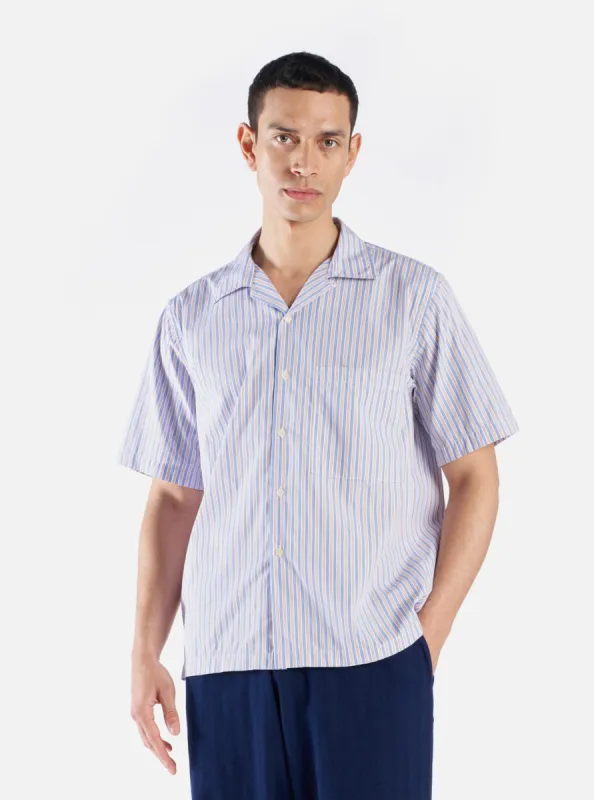 Universal Works Camp Shirt II in Blue/Orange Busy Stripe Cotton sold by Universal Works