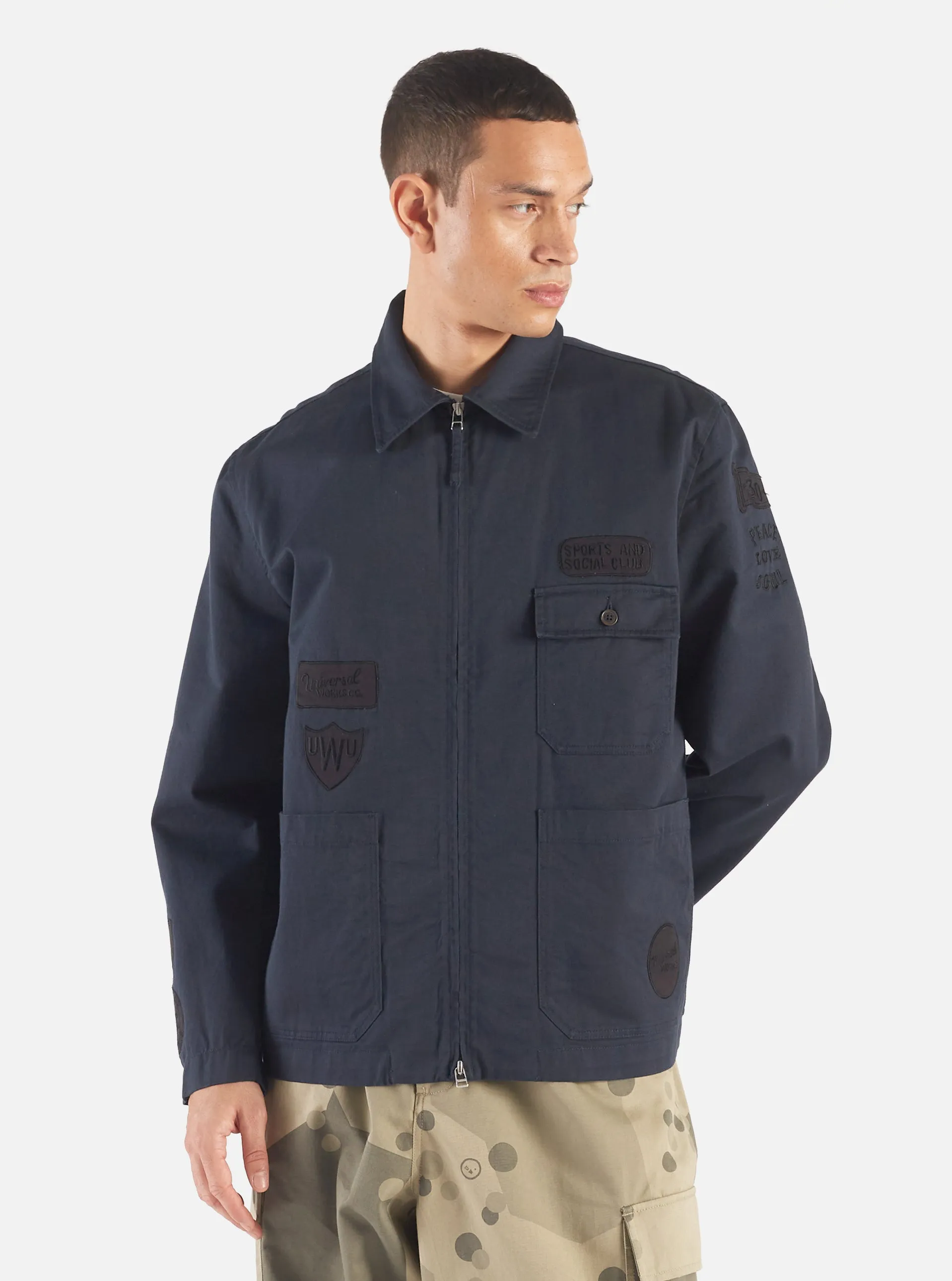Universal Works Gower Jacket in Embroidered Navy Twill sold by Universal Works