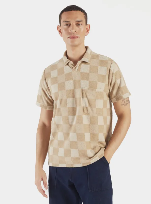 Universal Works Vacation Polo in Sand Checkboard Towelling sold by Universal Works