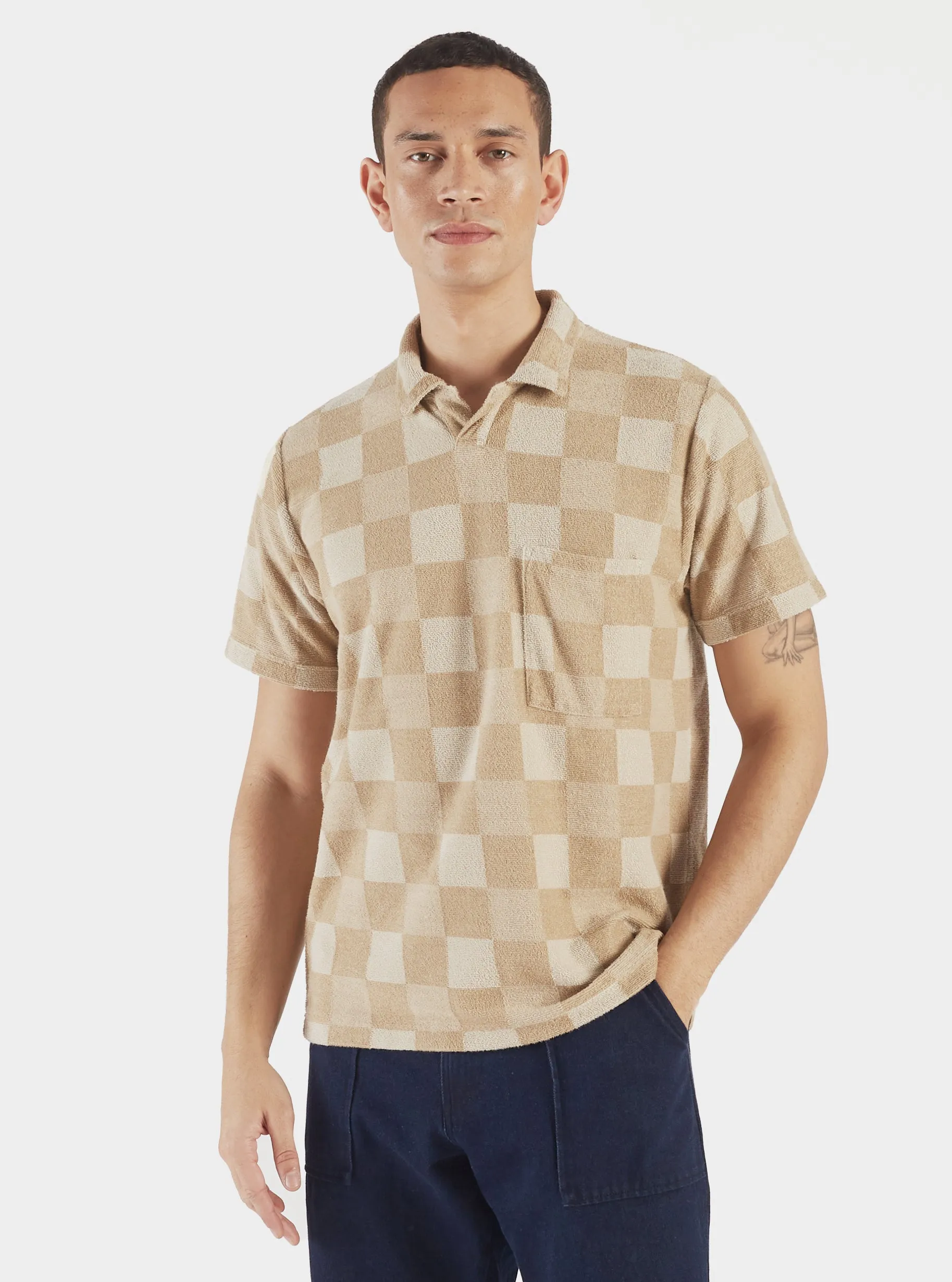 Universal Works Vacation Polo in Sand Checkboard Towelling sold by Universal Works
